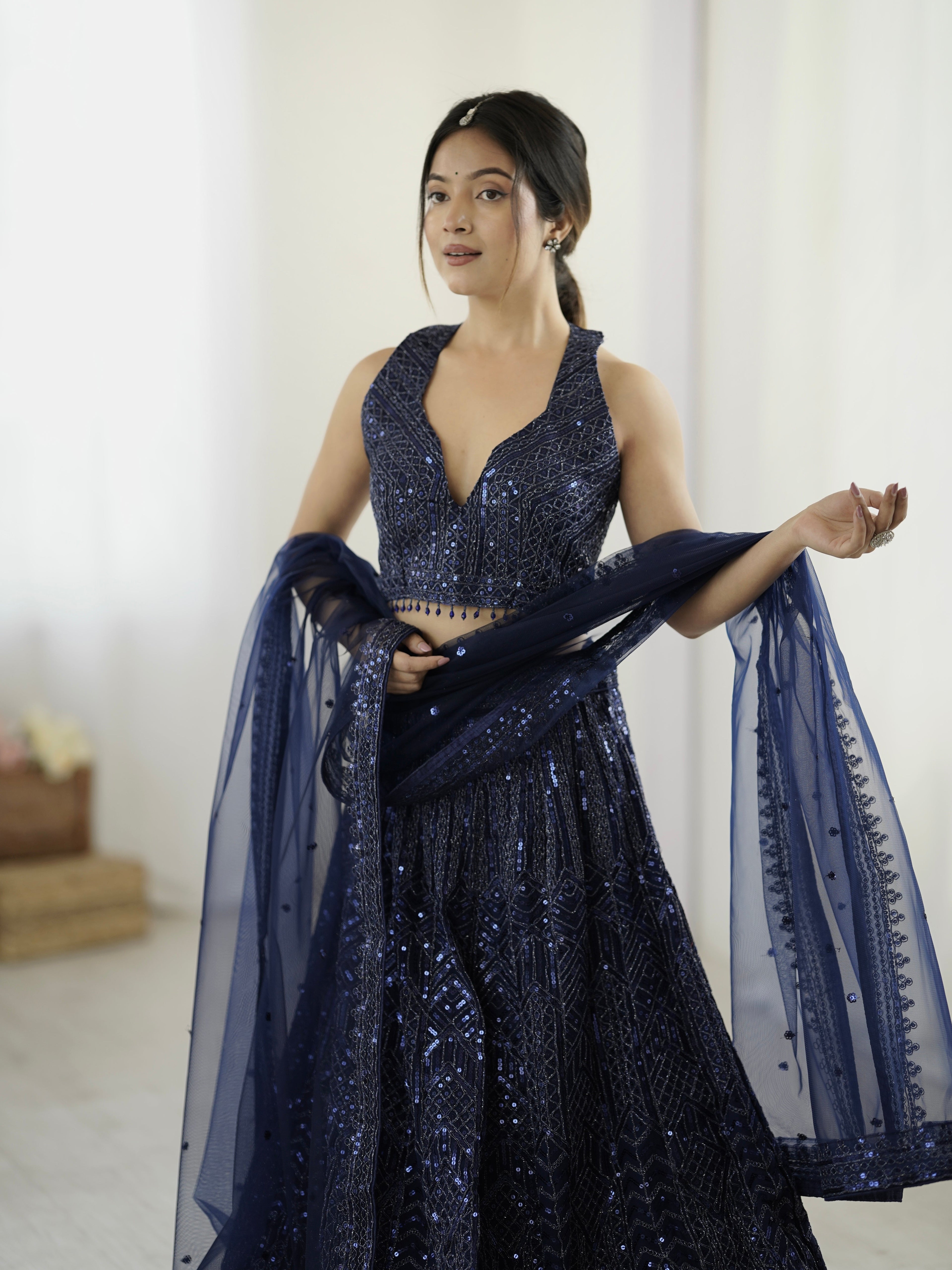 Amazing Navy Blue Heavy Sequins Dori Worked Net Lehenga Choli - ETHNICDEAL