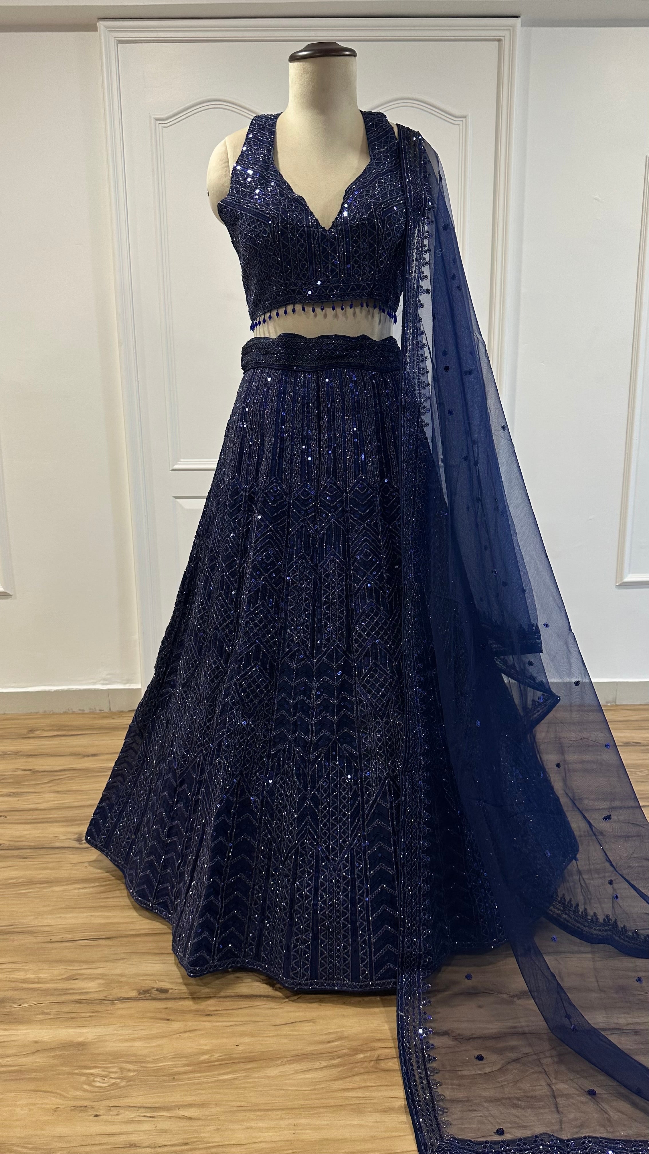 Amazing Navy Blue Heavy Sequins Dori Worked Net Lehenga Choli - ETHNICDEAL