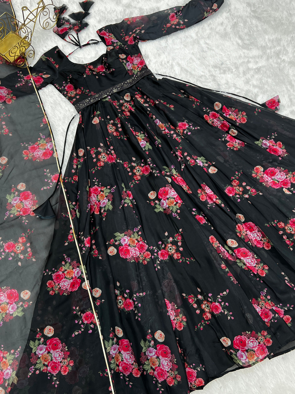 Glamorous Organza Silk Floral Printed Designer Anarkali Pant Suit - Ethnicwish