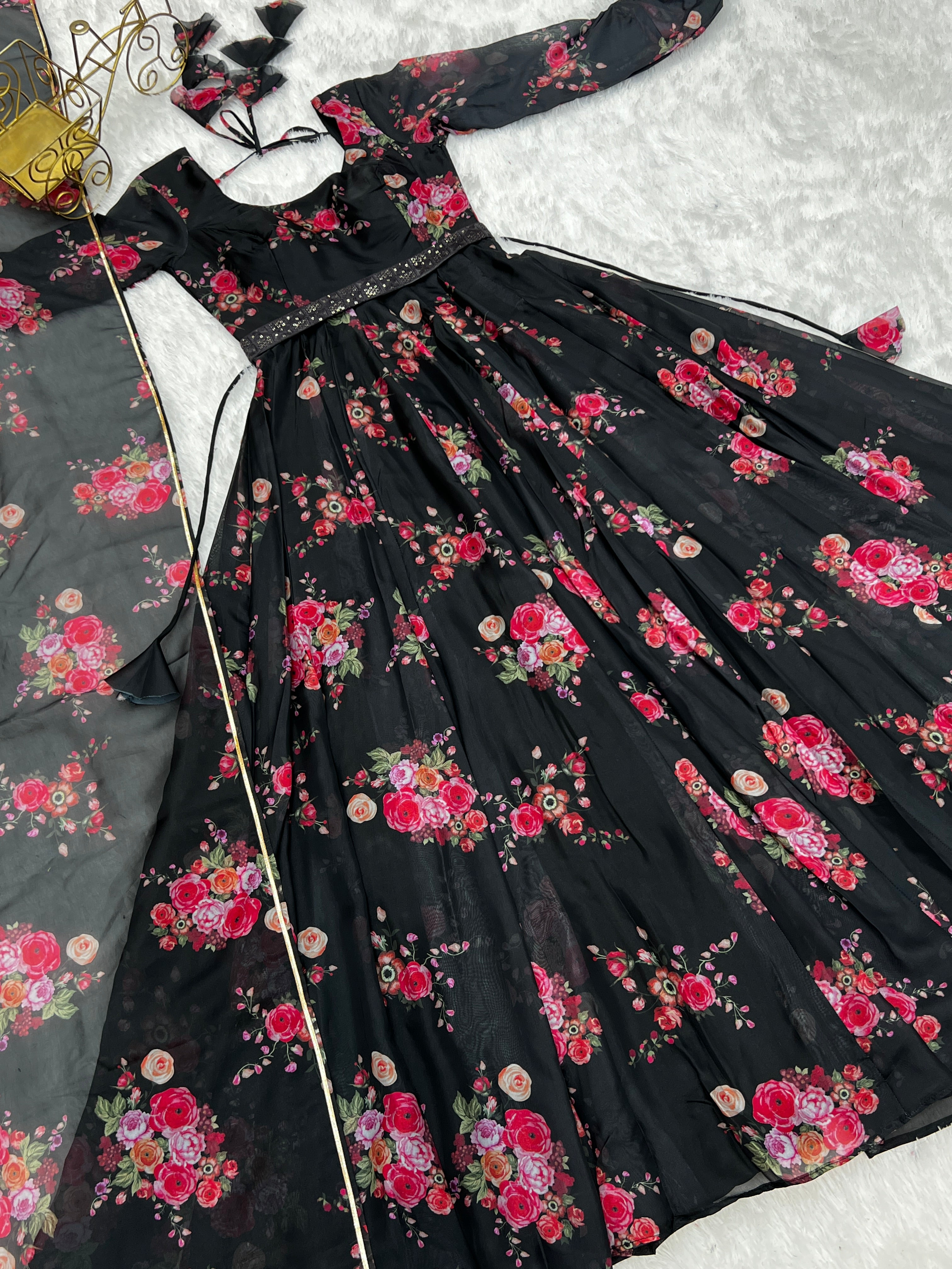 Glamorous Organza Silk Floral Printed Designer Anarkali Pant Suit - Ethnicwish