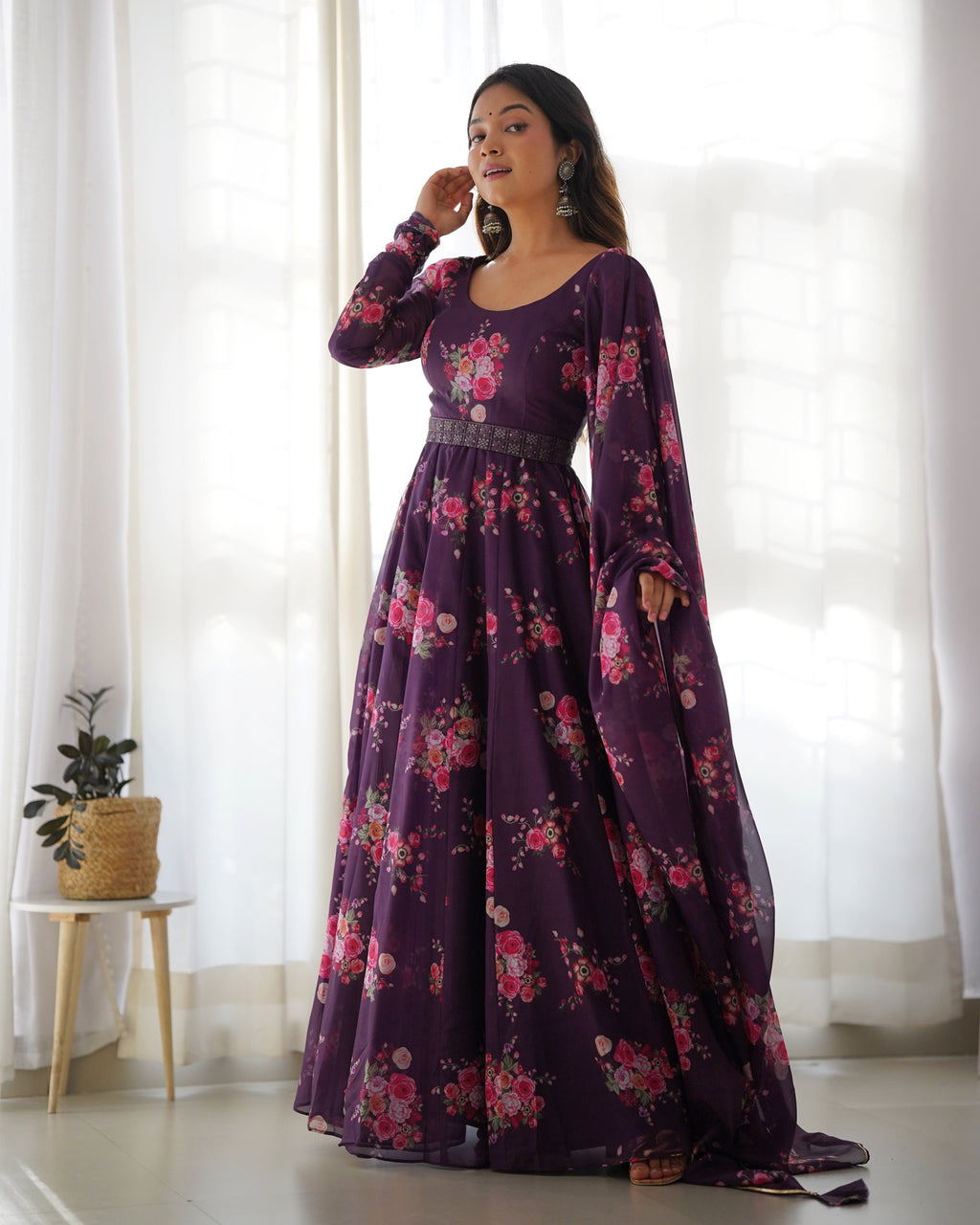 Glamorous Organza Silk Floral Printed Designer Anarkali Pant Suit - Ethnicwish
