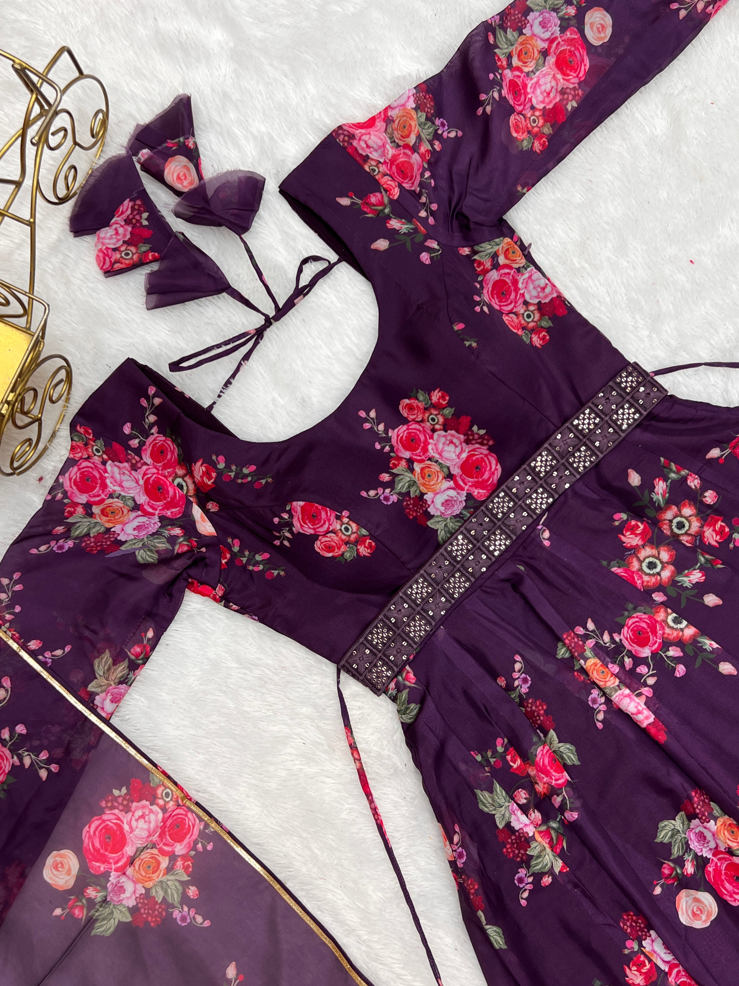 Glamorous Organza Silk Floral Printed Designer Anarkali Pant Suit - Ethnicwish