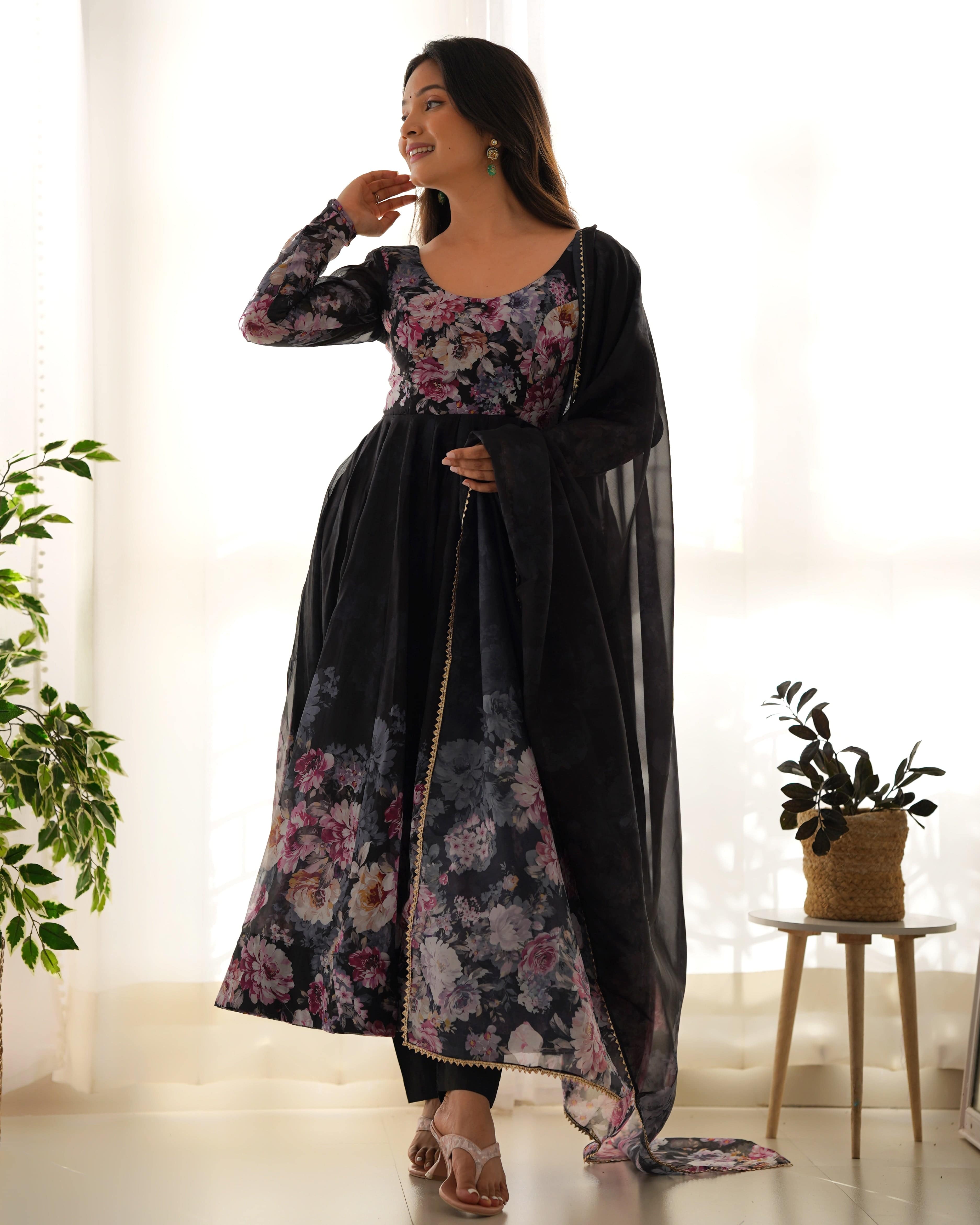 Lovely Organza Silk Floral Digital Printed Anarkali Pant Suit - Ethnicwish