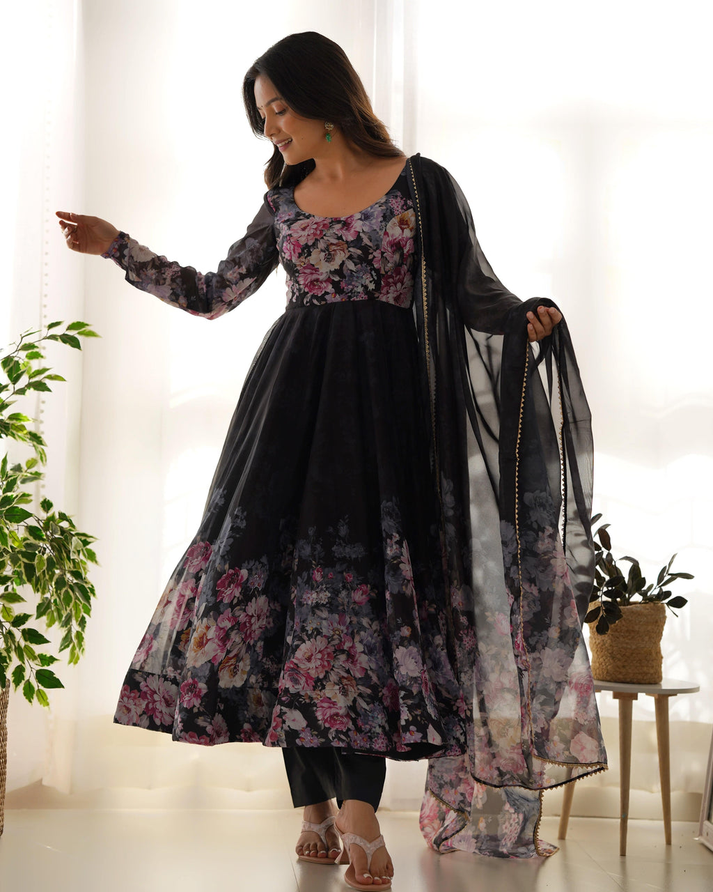 Lovely Organza Silk Floral Digital Printed Anarkali Pant Suit - Ethnicwish