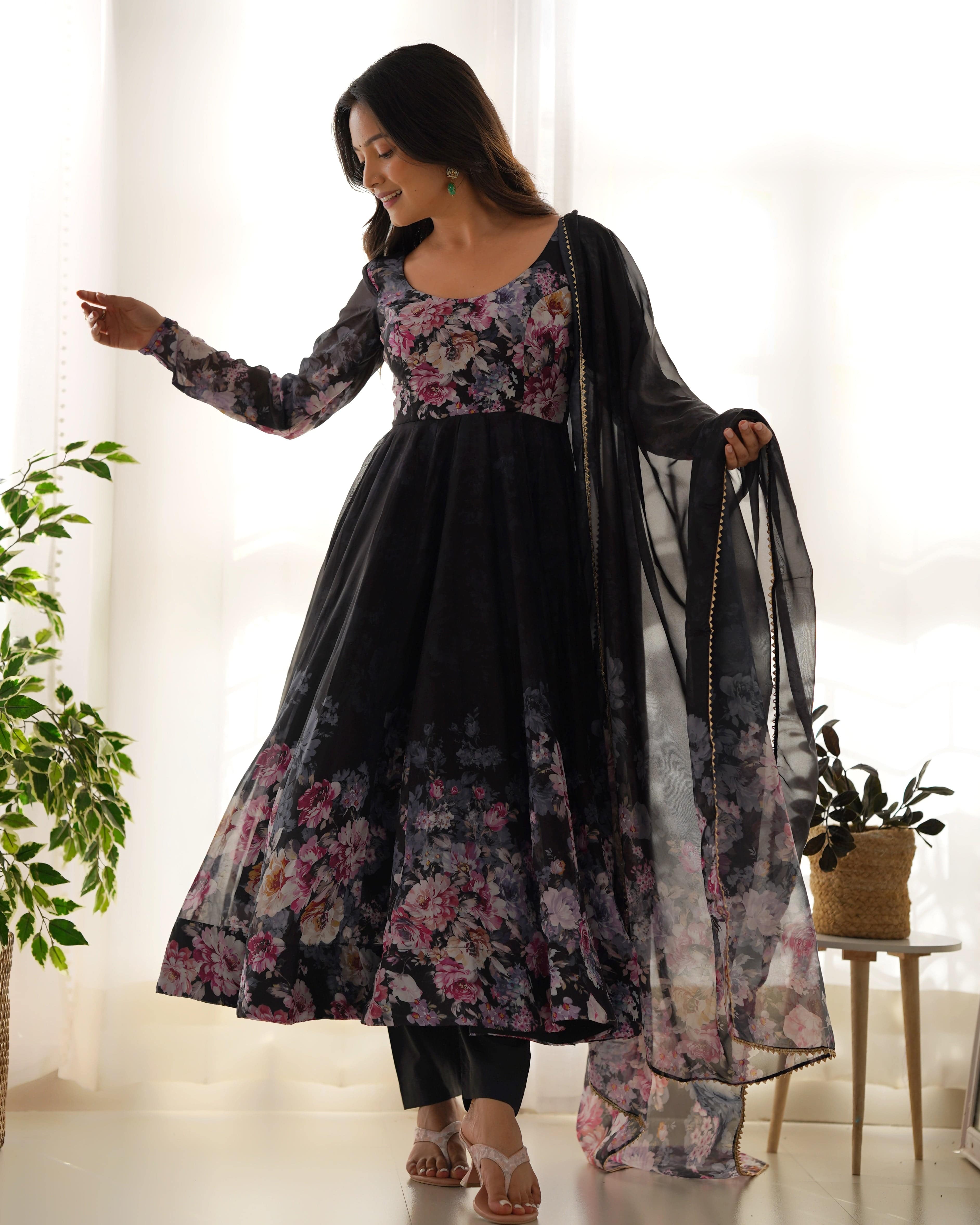 Lovely Organza Silk Floral Digital Printed Anarkali Pant Suit - Ethnicwish