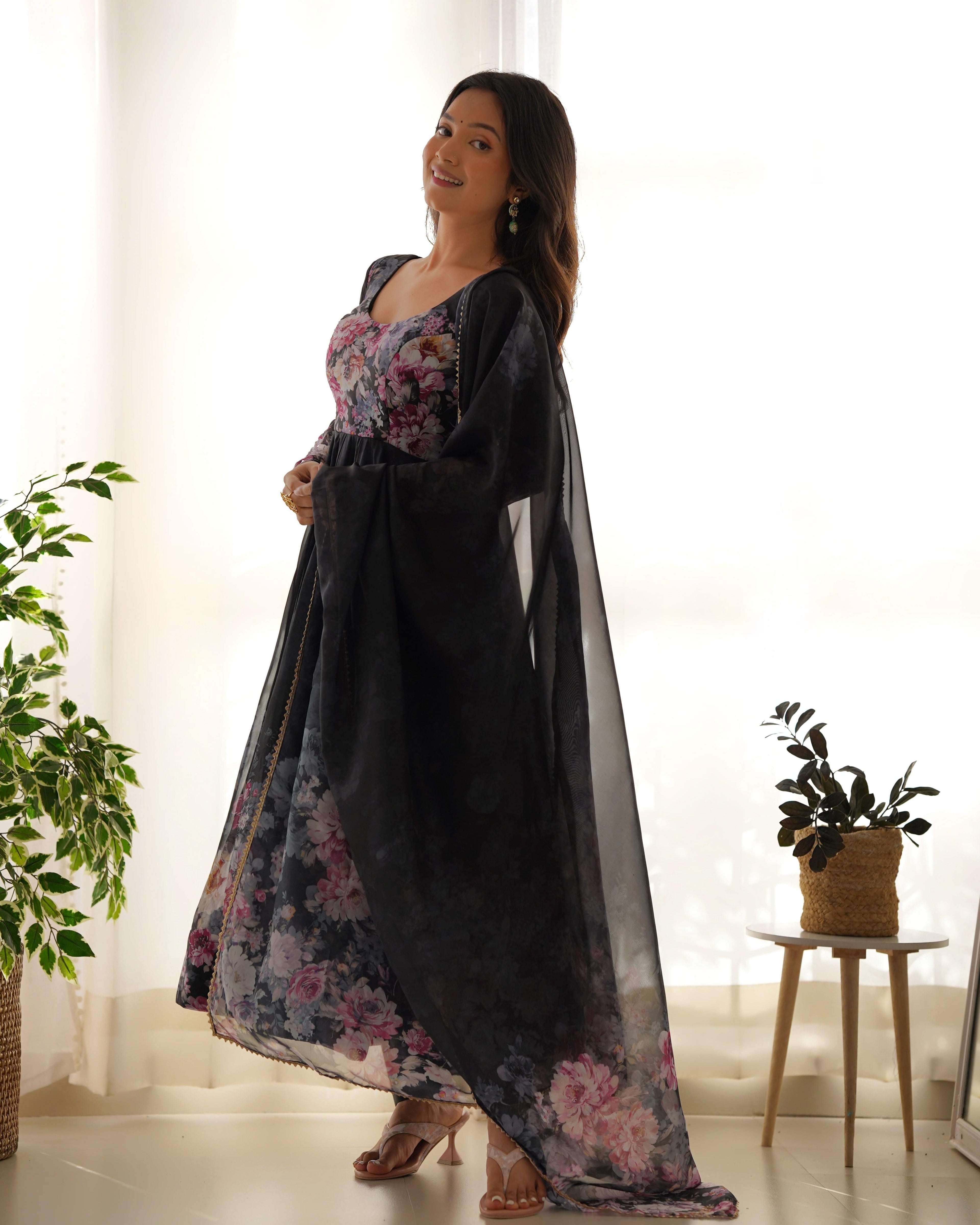Lovely Organza Silk Floral Digital Printed Anarkali Pant Suit - Ethnicwish