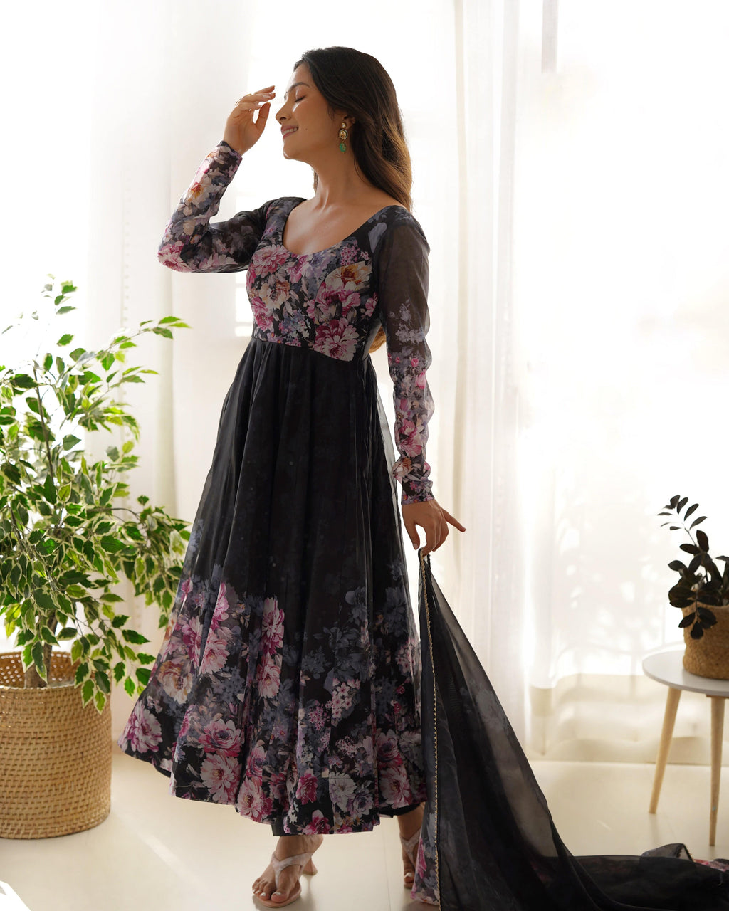 Lovely Organza Silk Floral Digital Printed Anarkali Pant Suit - Ethnicwish