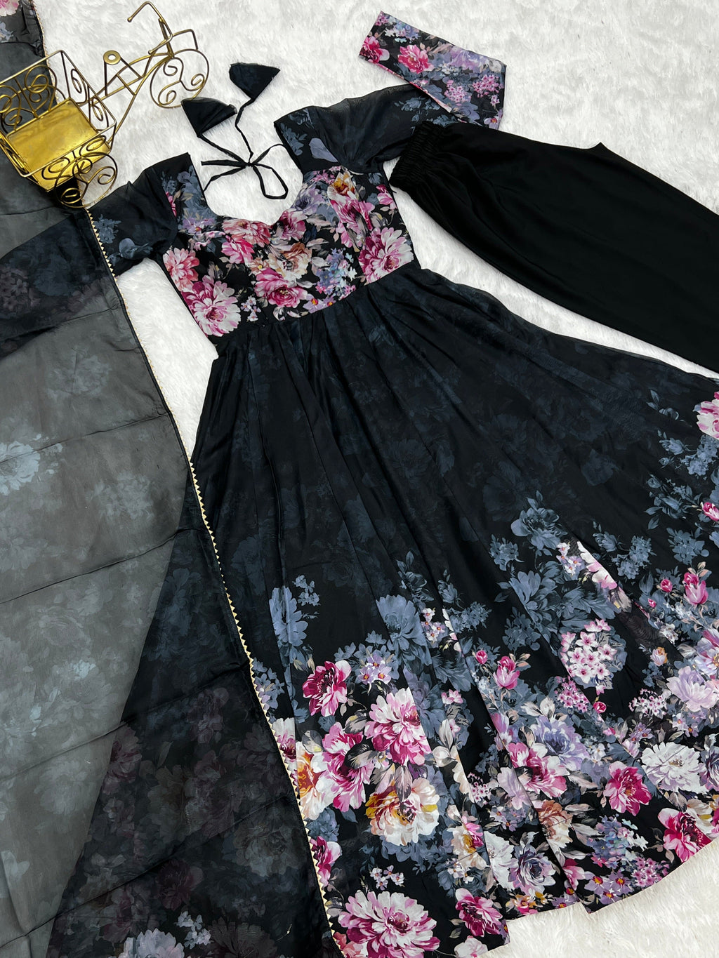 Lovely Organza Silk Floral Digital Printed Anarkali Pant Suit - Ethnicwish