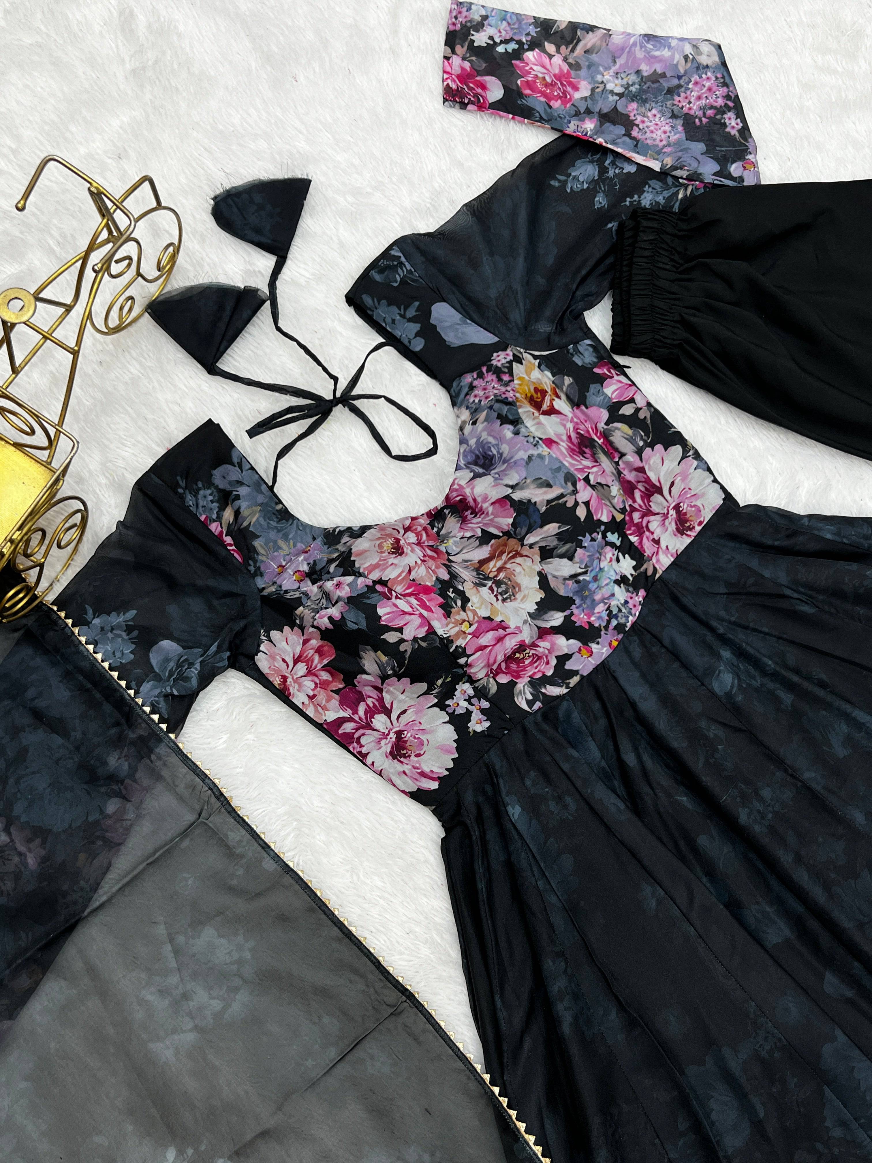 Lovely Organza Silk Floral Digital Printed Anarkali Pant Suit - Ethnicwish