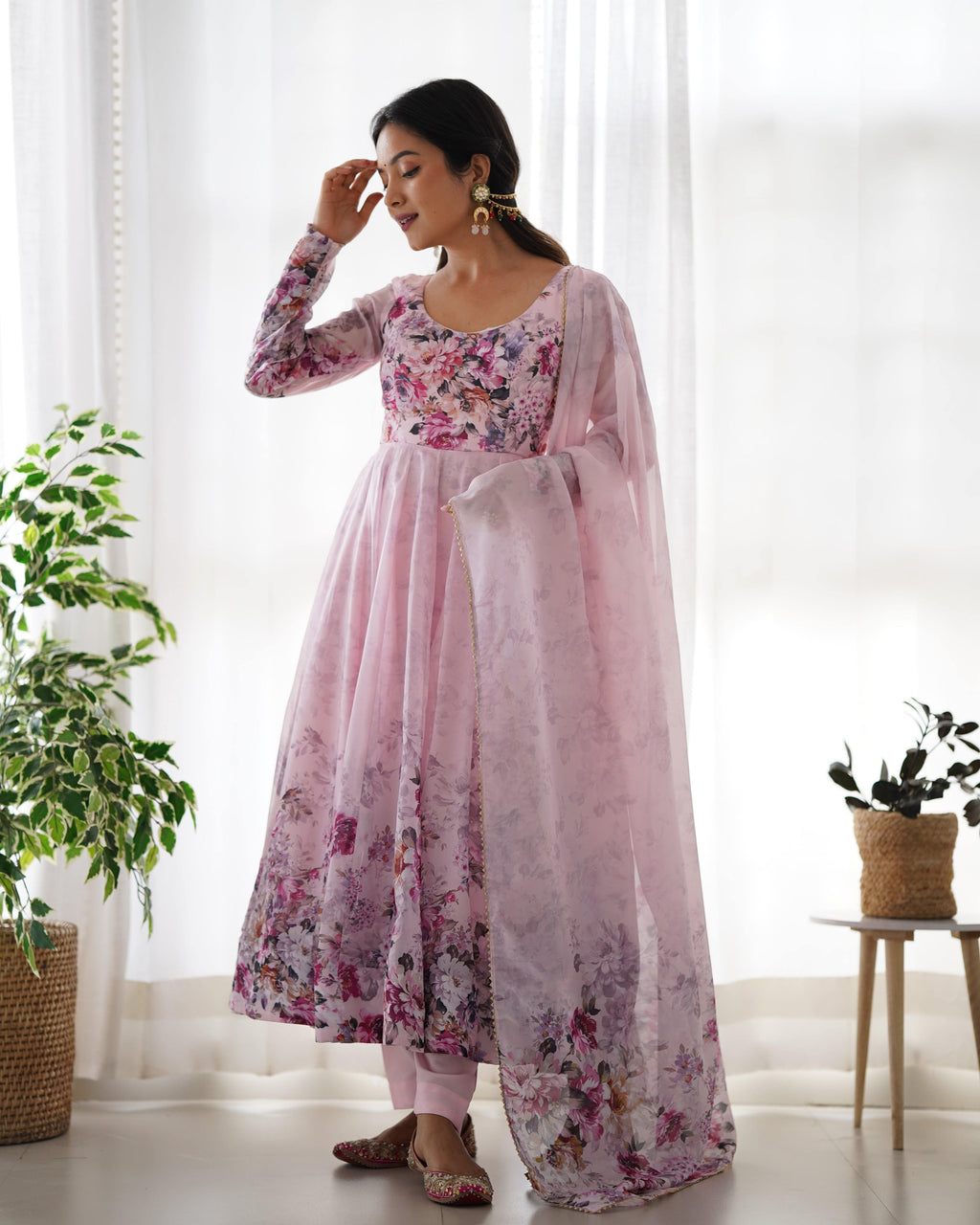 Lovely Organza Silk Floral Digital Printed Anarkali Pant Suit - Ethnicwish