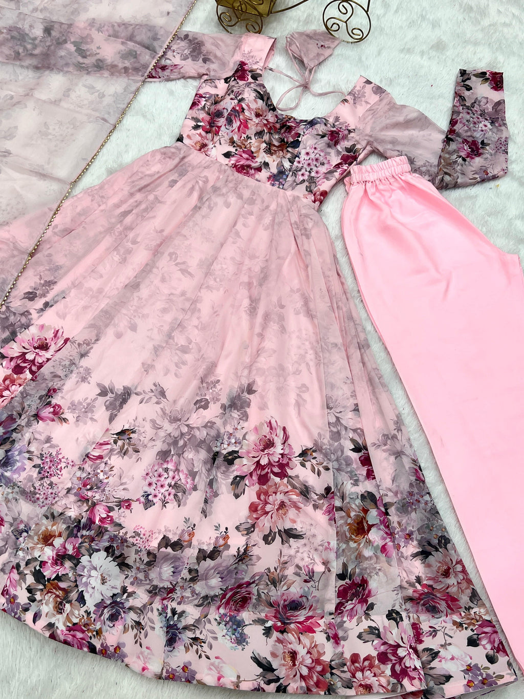 Lovely Organza Silk Floral Digital Printed Anarkali Pant Suit - Ethnicwish