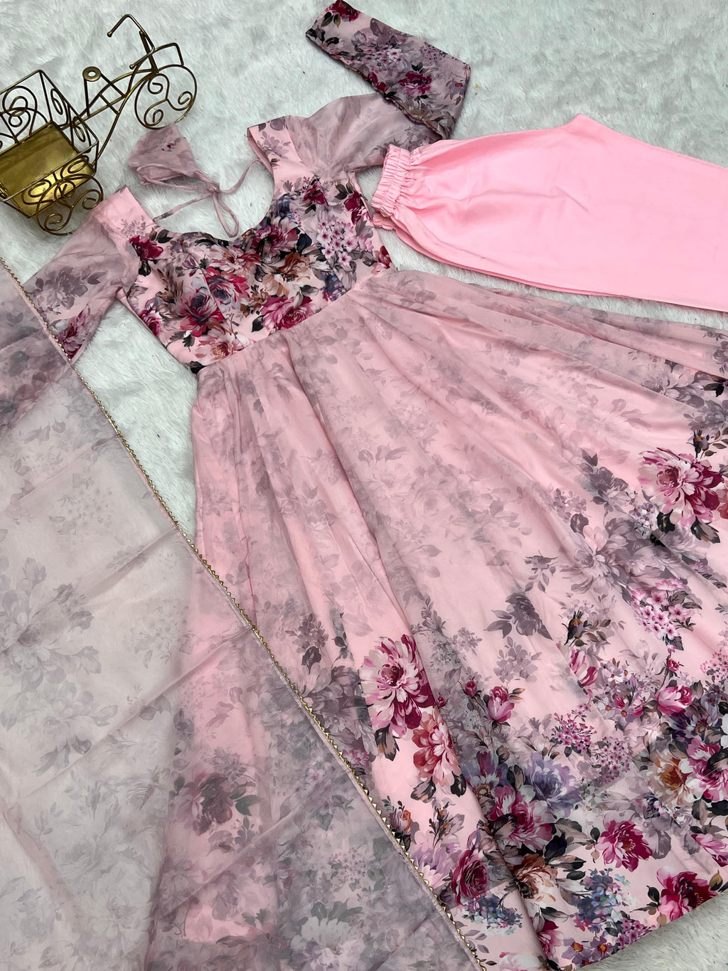 Lovely Organza Silk Floral Digital Printed Anarkali Pant Suit - Ethnicwish