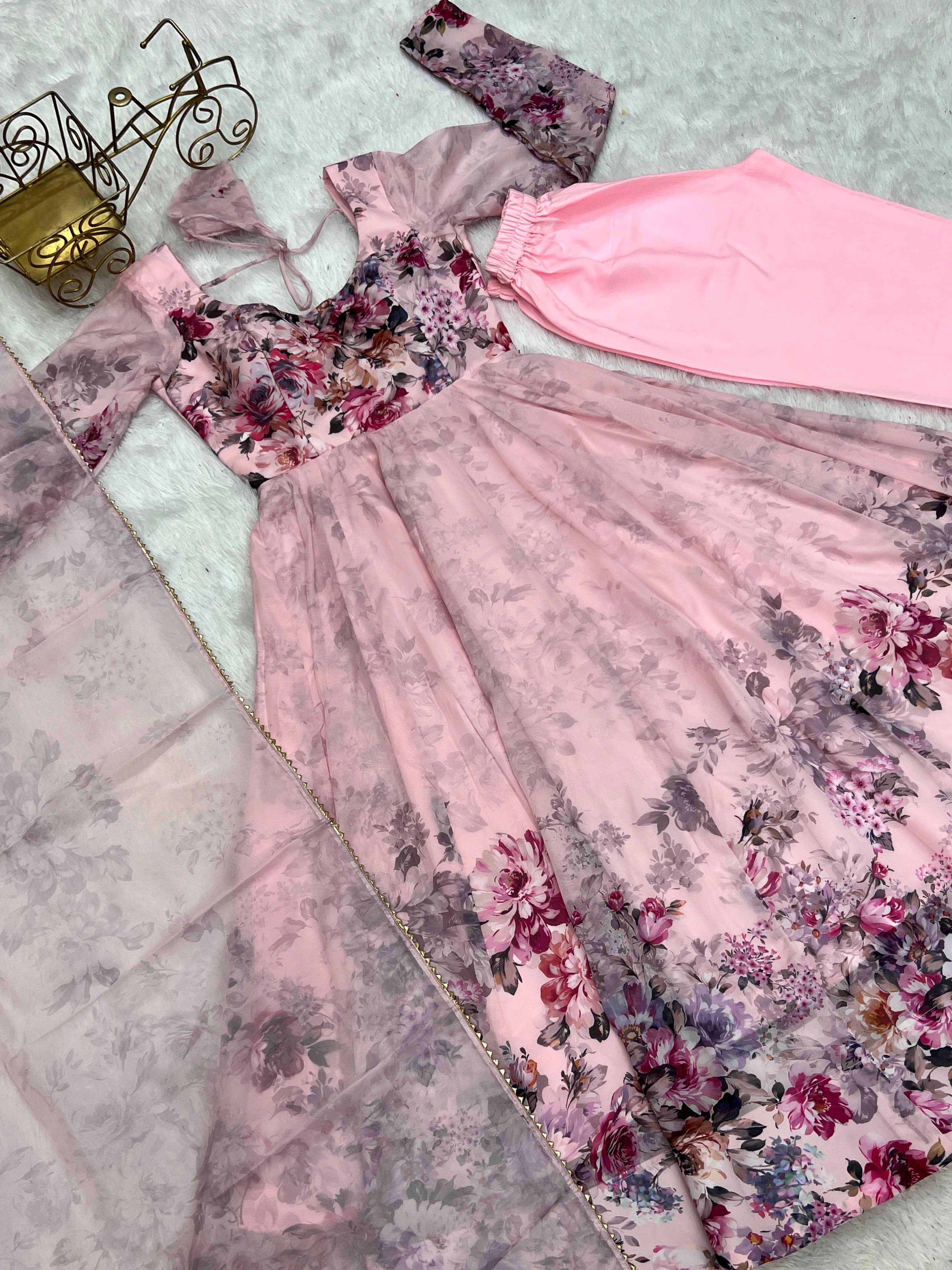 Lovely Organza Silk Floral Digital Printed Anarkali Pant Suit - Ethnicwish