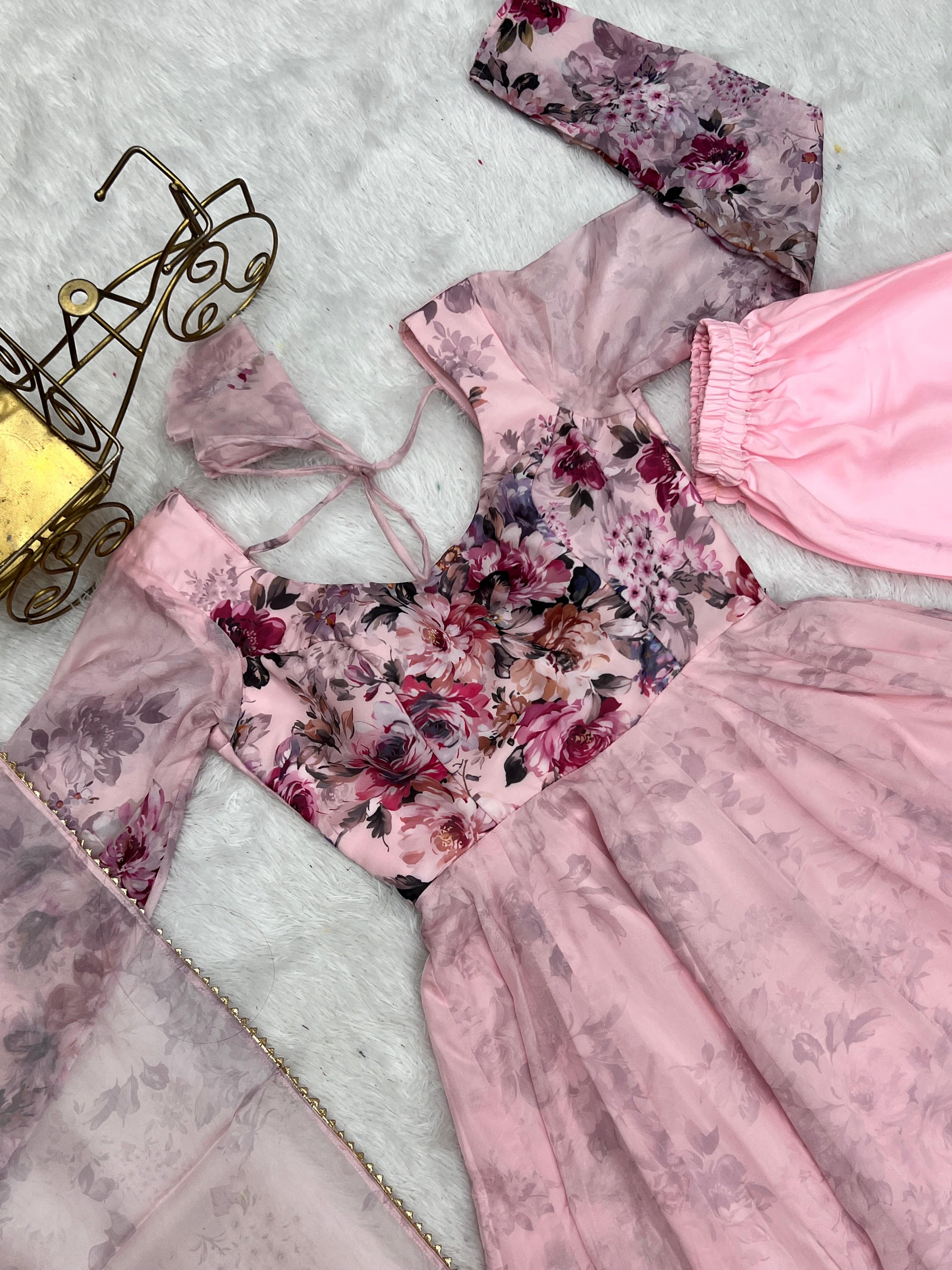 Lovely Organza Silk Floral Digital Printed Anarkali Pant Suit - Ethnicwish