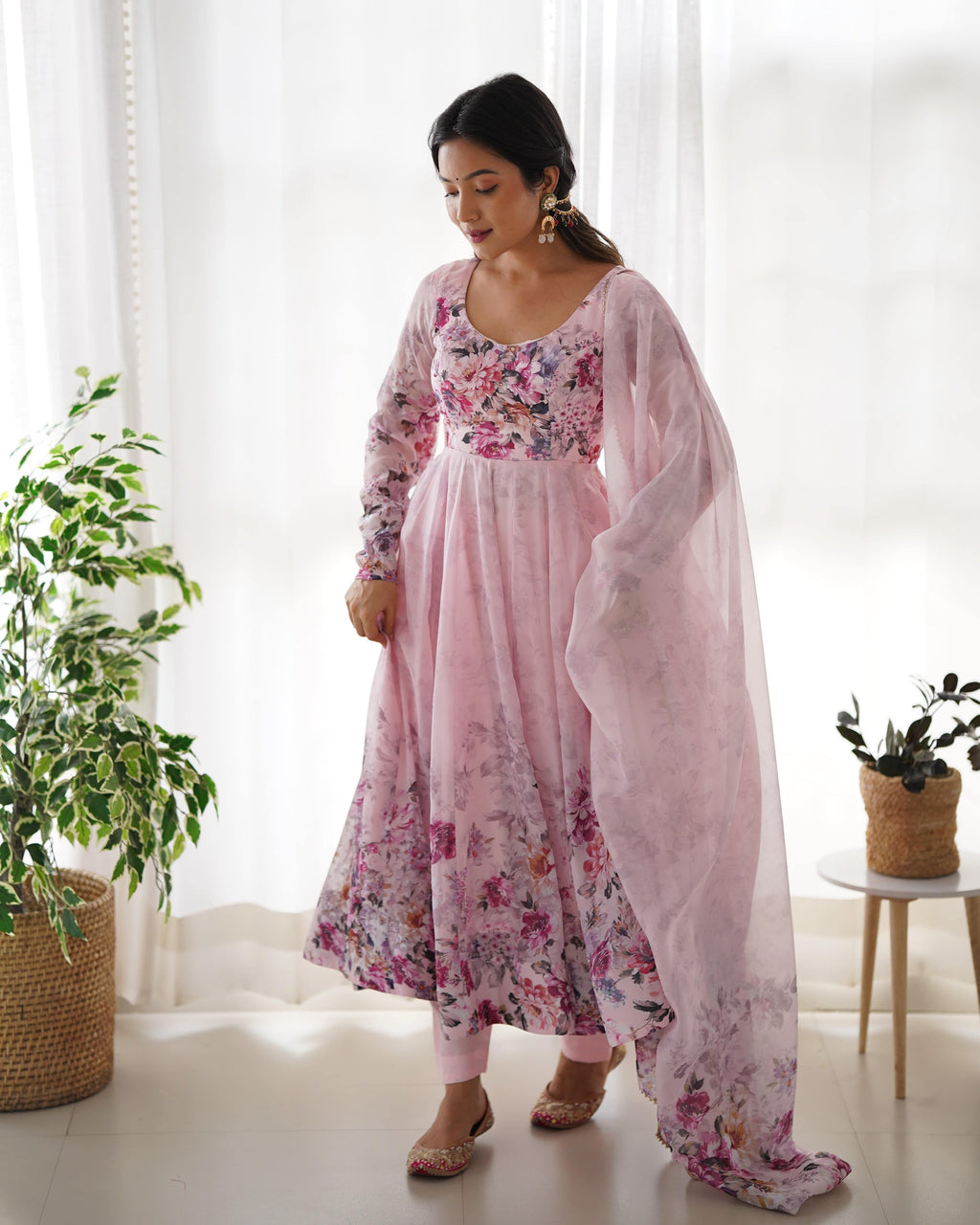 Lovely Organza Silk Floral Digital Printed Anarkali Pant Suit - Ethnicwish
