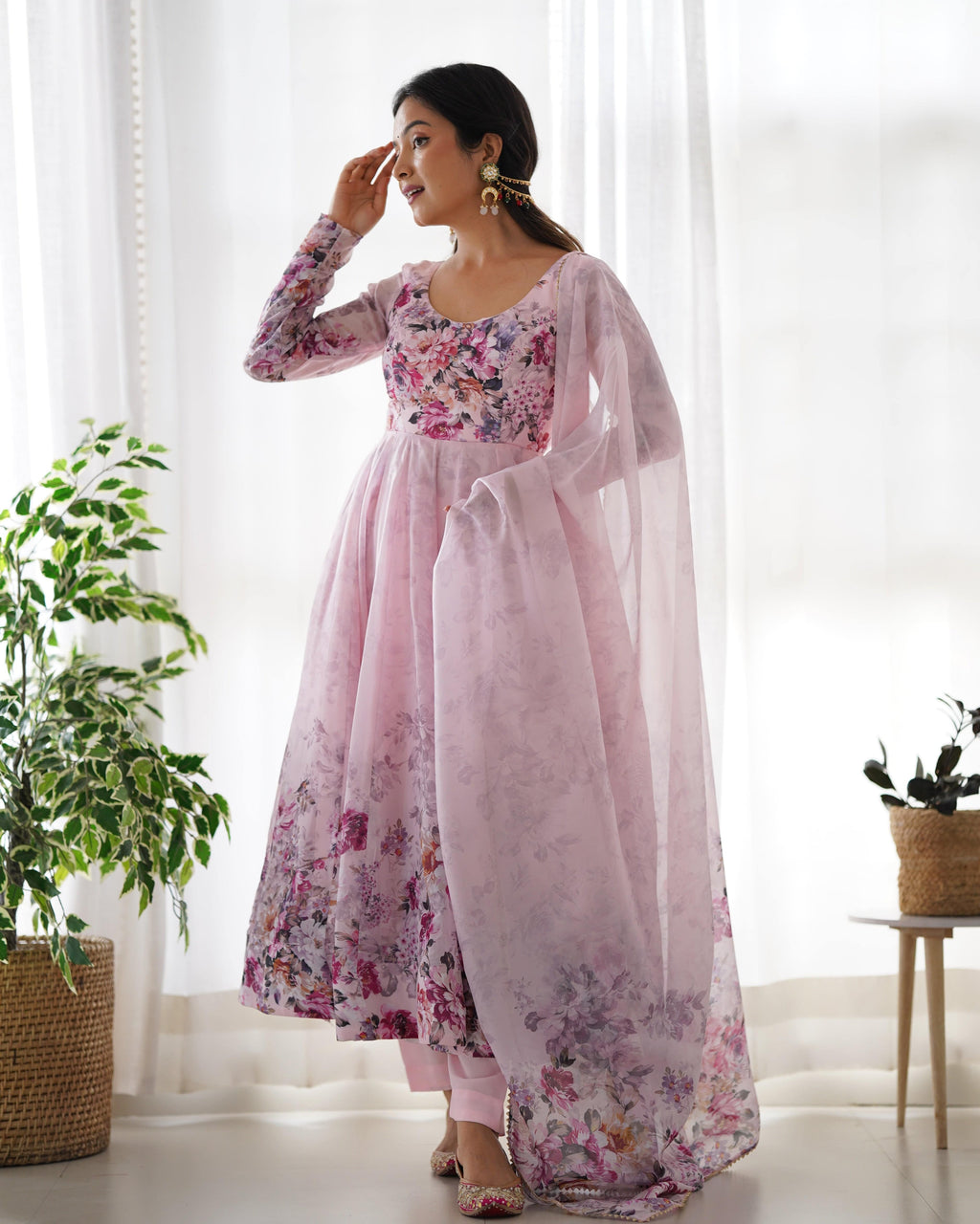 Lovely Organza Silk Floral Digital Printed Anarkali Pant Suit - Ethnicwish