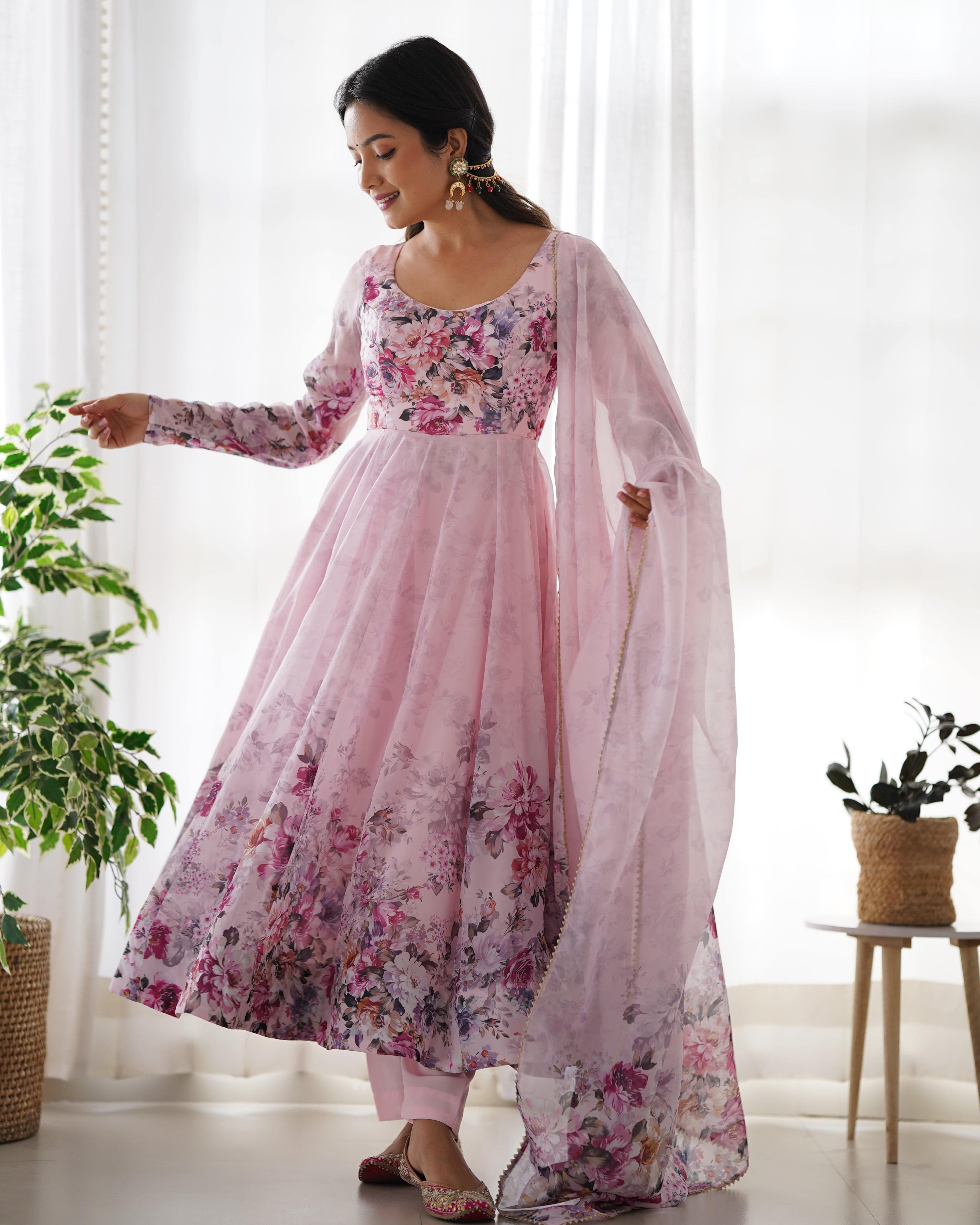 Lovely Organza Silk Floral Digital Printed Anarkali Pant Suit - Ethnicwish