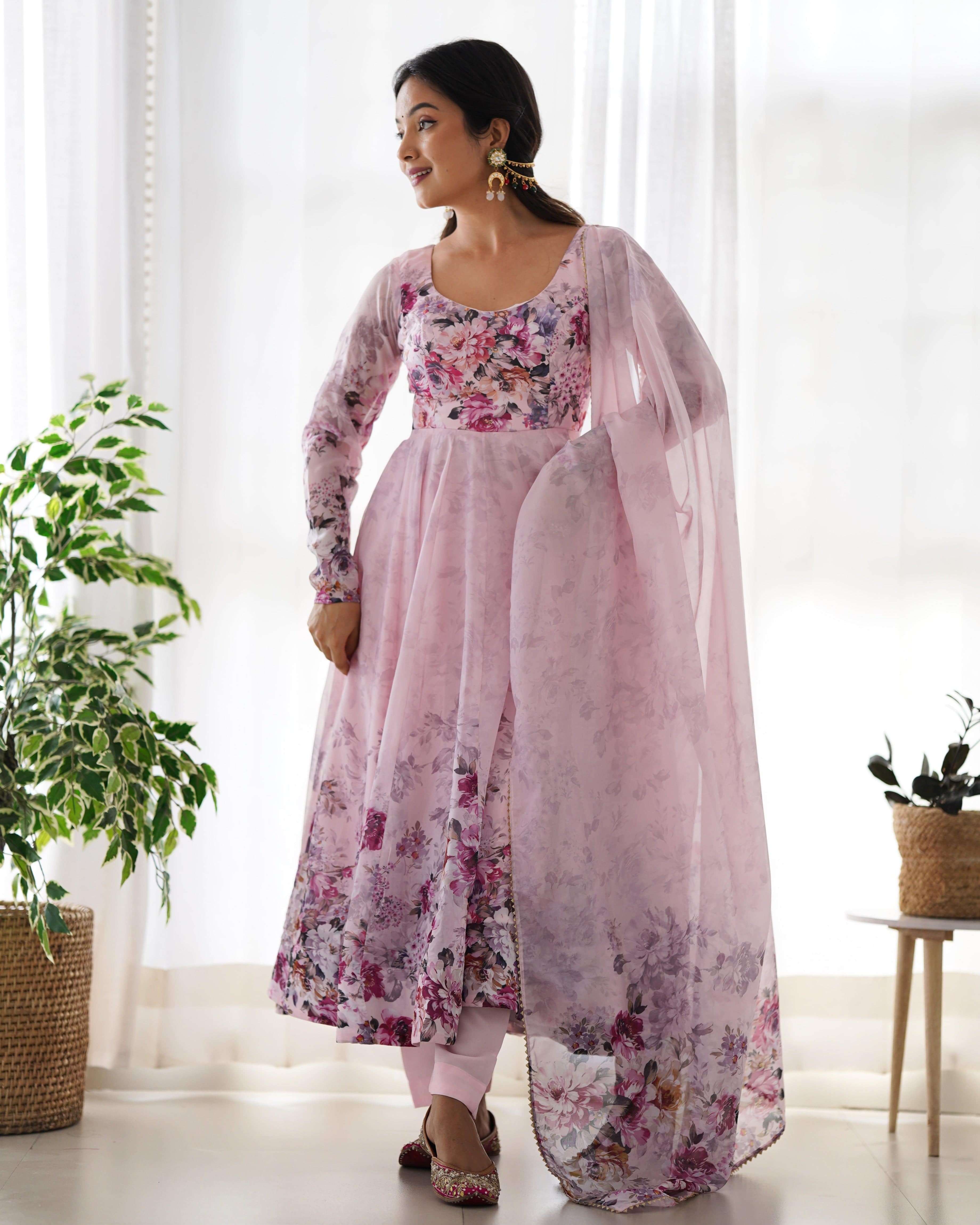 Lovely Organza Silk Floral Digital Printed Anarkali Pant Suit - Ethnicwish
