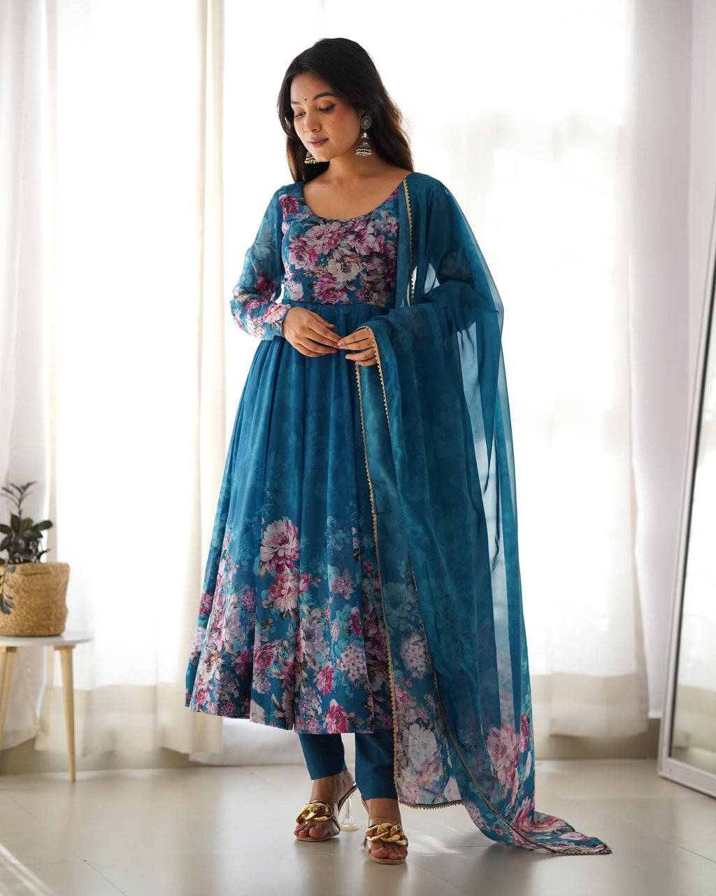 Lovely Organza Silk Floral Digital Printed Anarkali Pant Suit - Ethnicwish