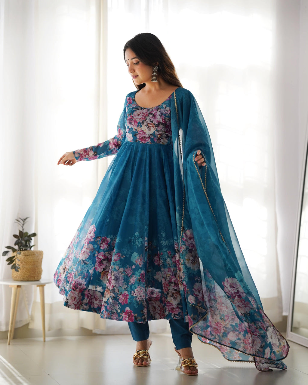 Lovely Organza Silk Floral Digital Printed Anarkali Pant Suit - Ethnicwish