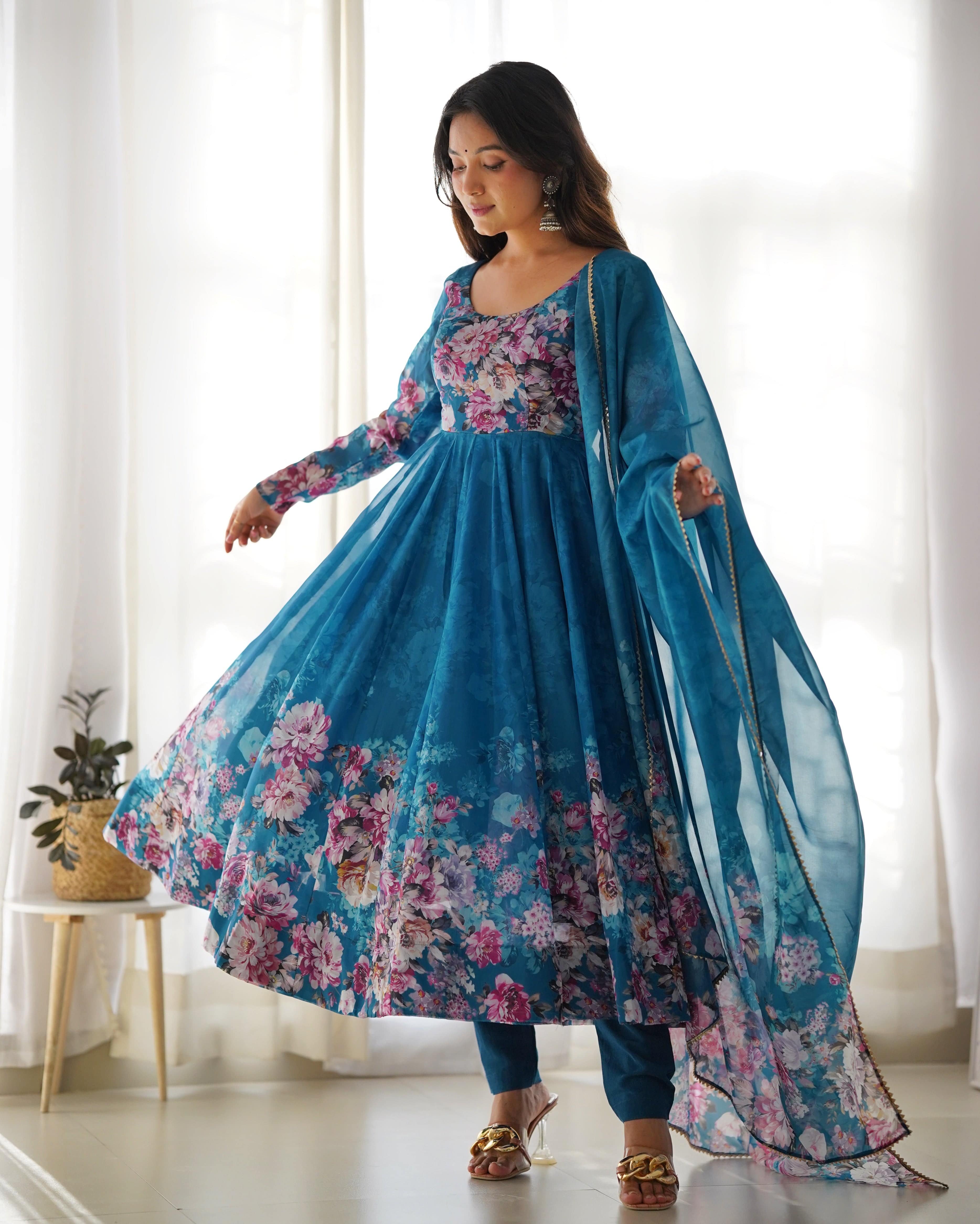 Lovely Organza Silk Floral Digital Printed Anarkali Pant Suit - Ethnicwish