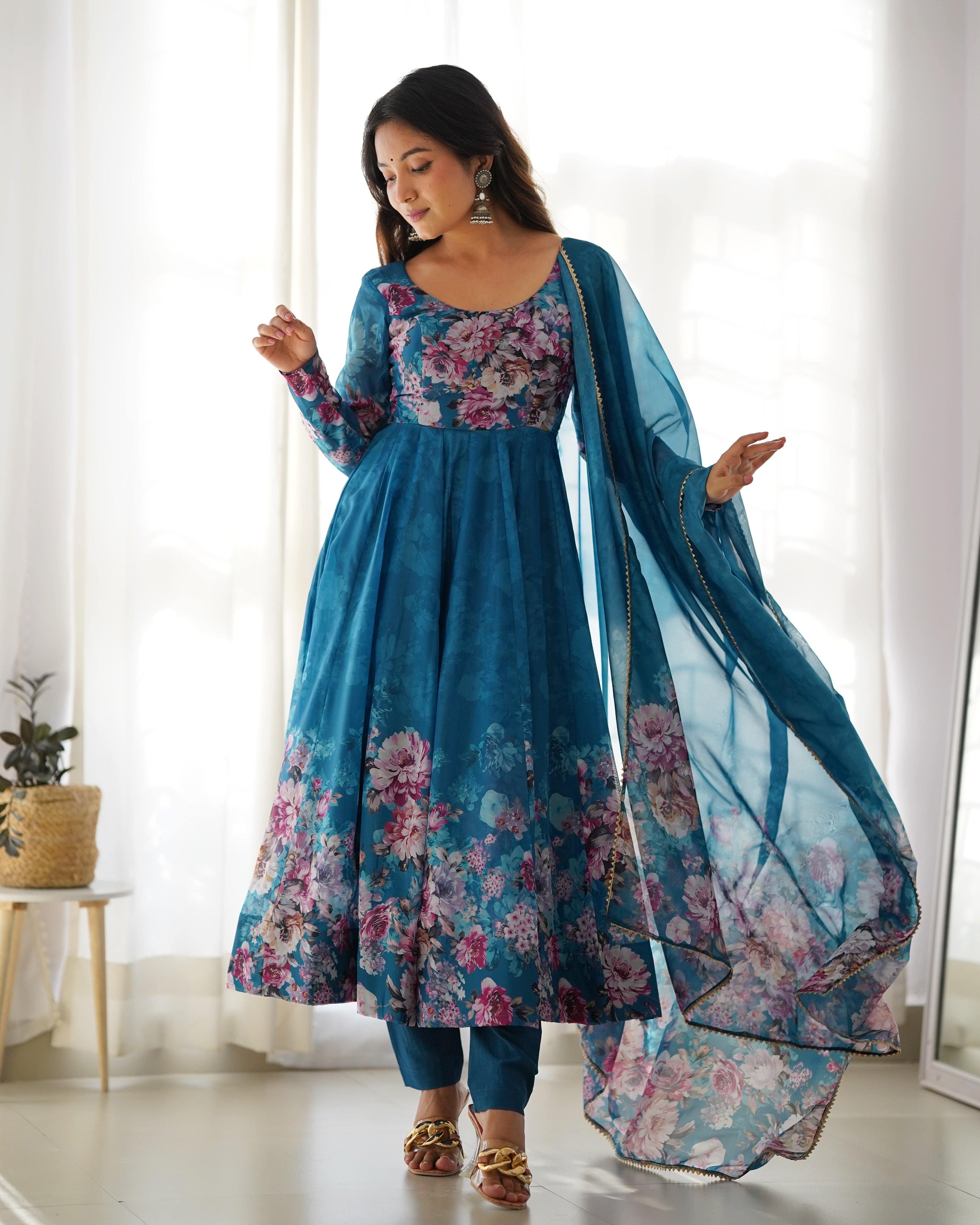 Lovely Organza Silk Floral Digital Printed Anarkali Pant Suit - Ethnicwish