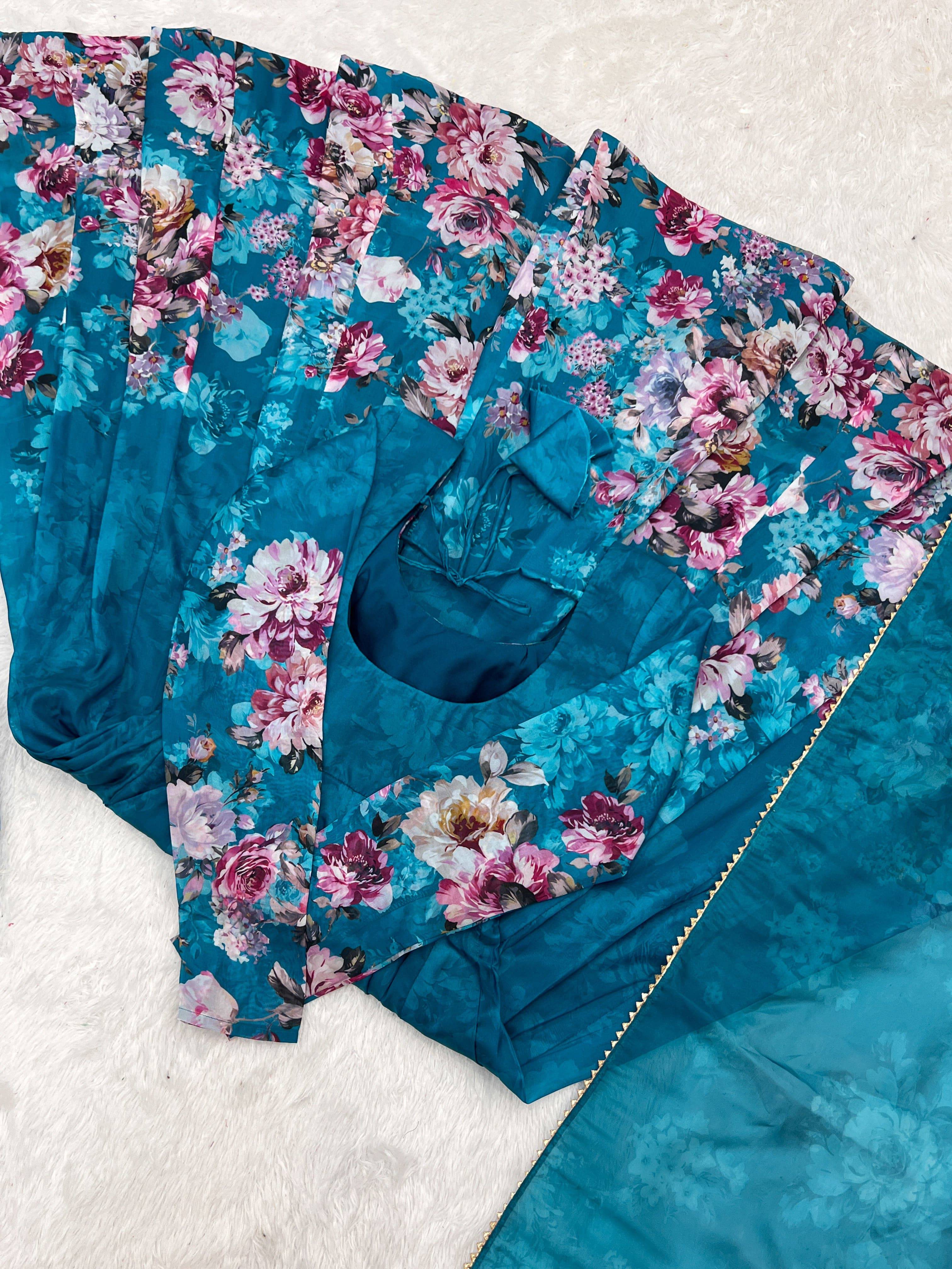 Lovely Organza Silk Floral Digital Printed Anarkali Pant Suit - Ethnicwish