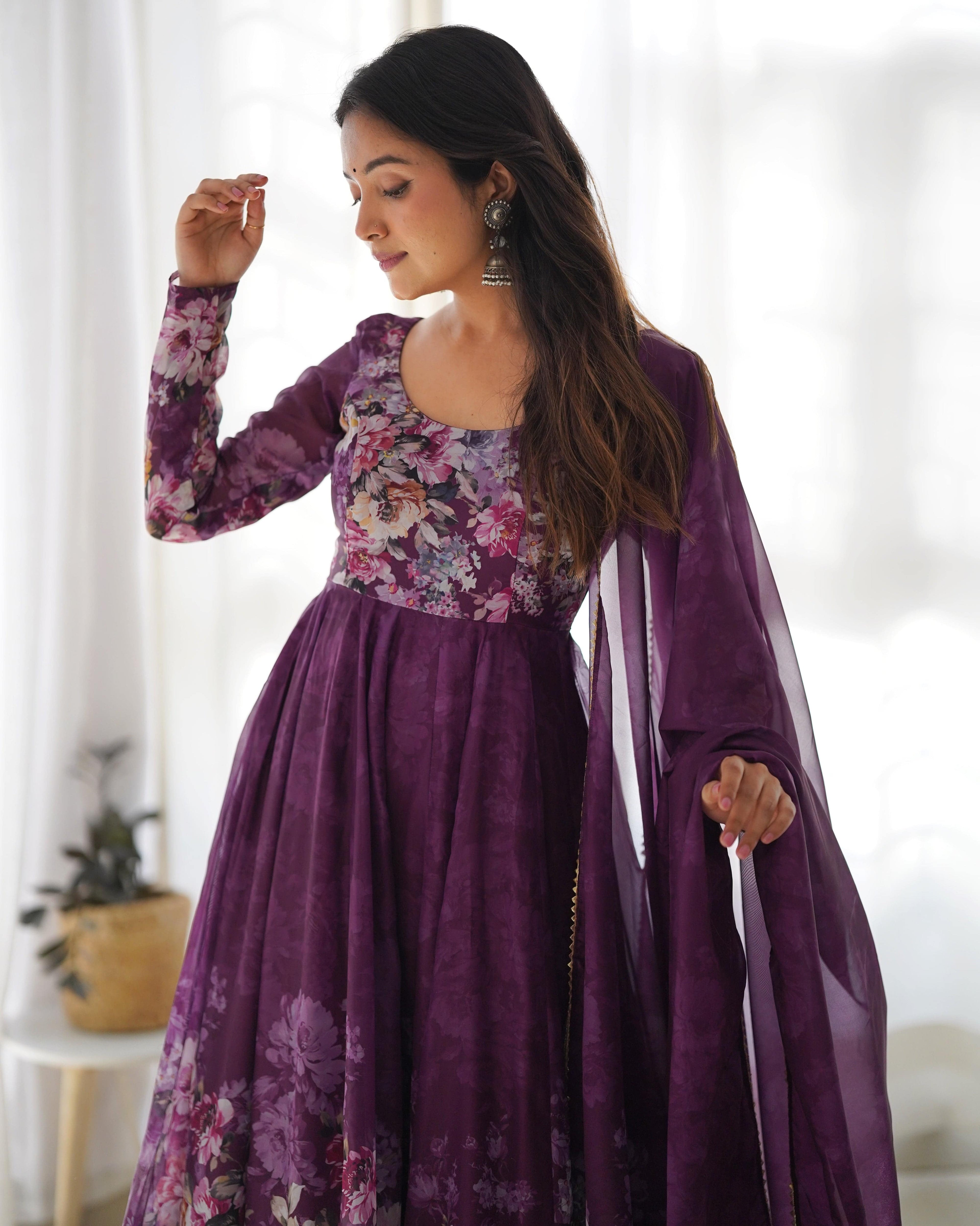 Lovely Organza Silk Floral Digital Printed Anarkali Pant Suit - Ethnicwish