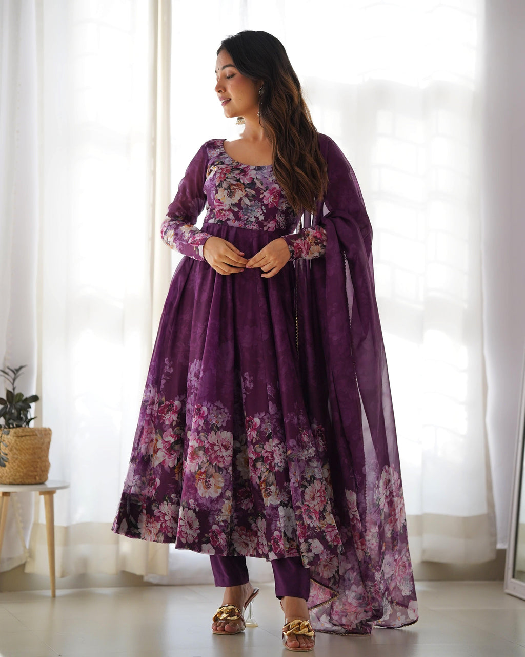 Lovely Organza Silk Floral Digital Printed Anarkali Pant Suit - Ethnicwish