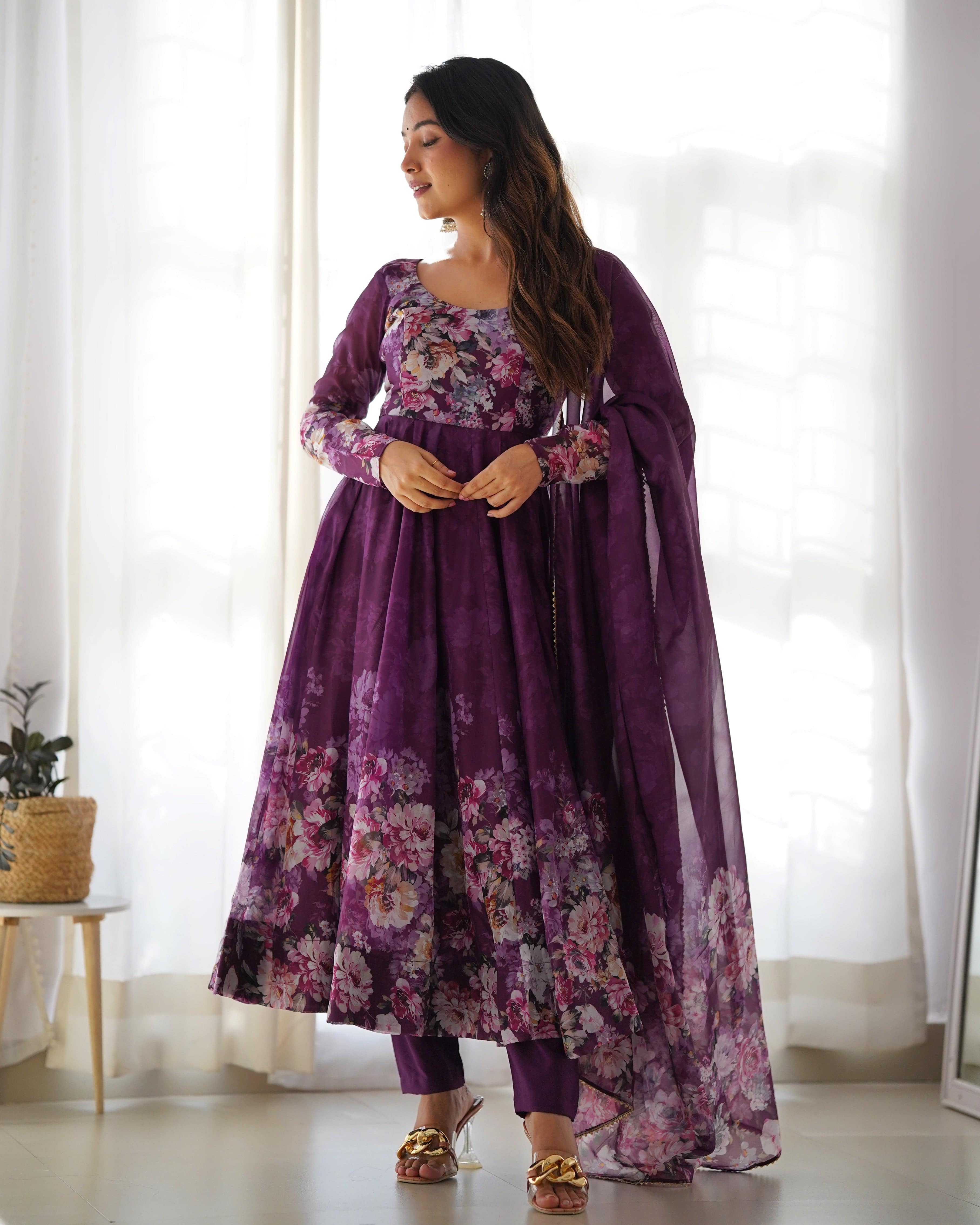 Lovely Organza Silk Floral Digital Printed Anarkali Pant Suit - Ethnicwish