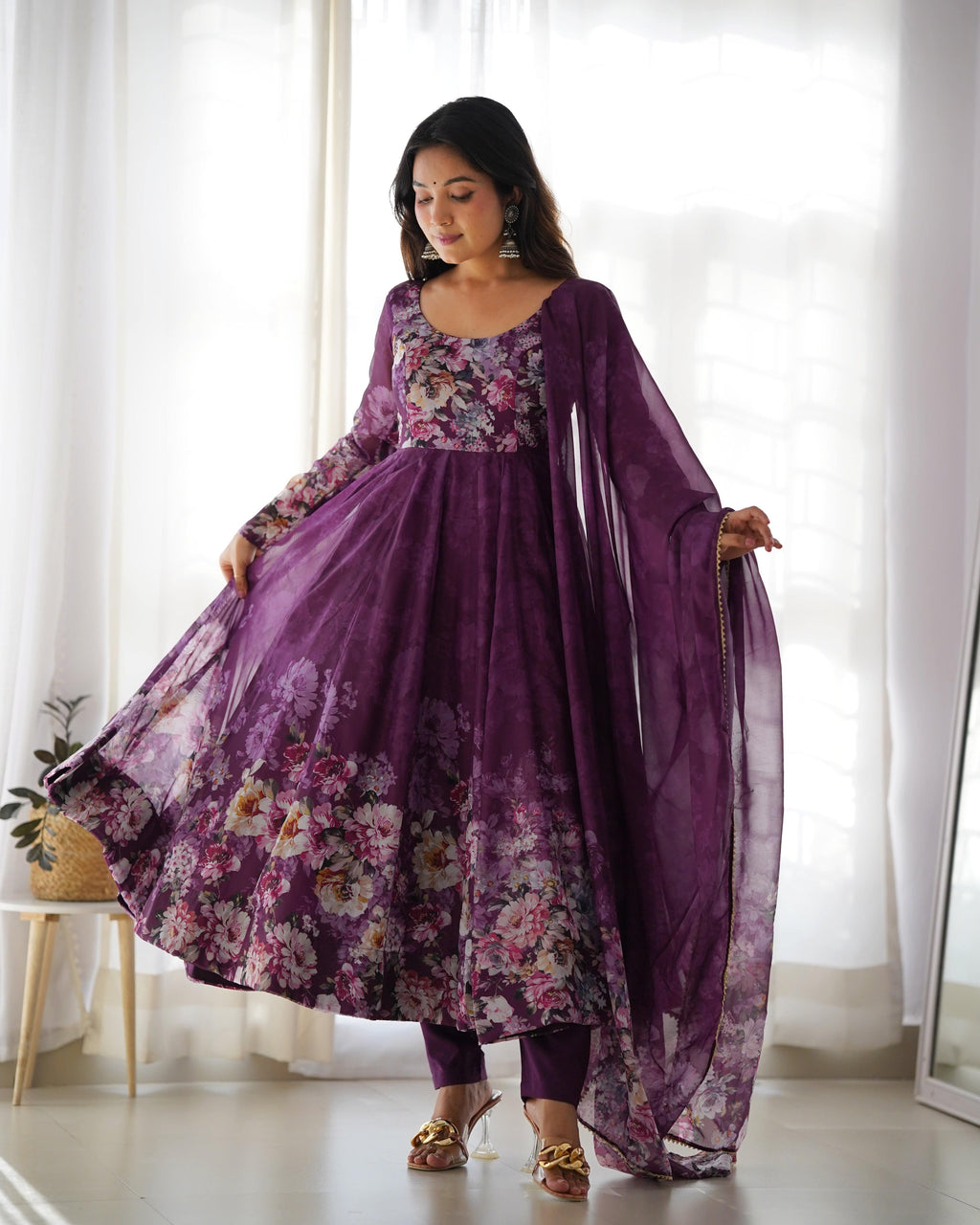 Lovely Organza Silk Floral Digital Printed Anarkali Pant Suit - Ethnicwish