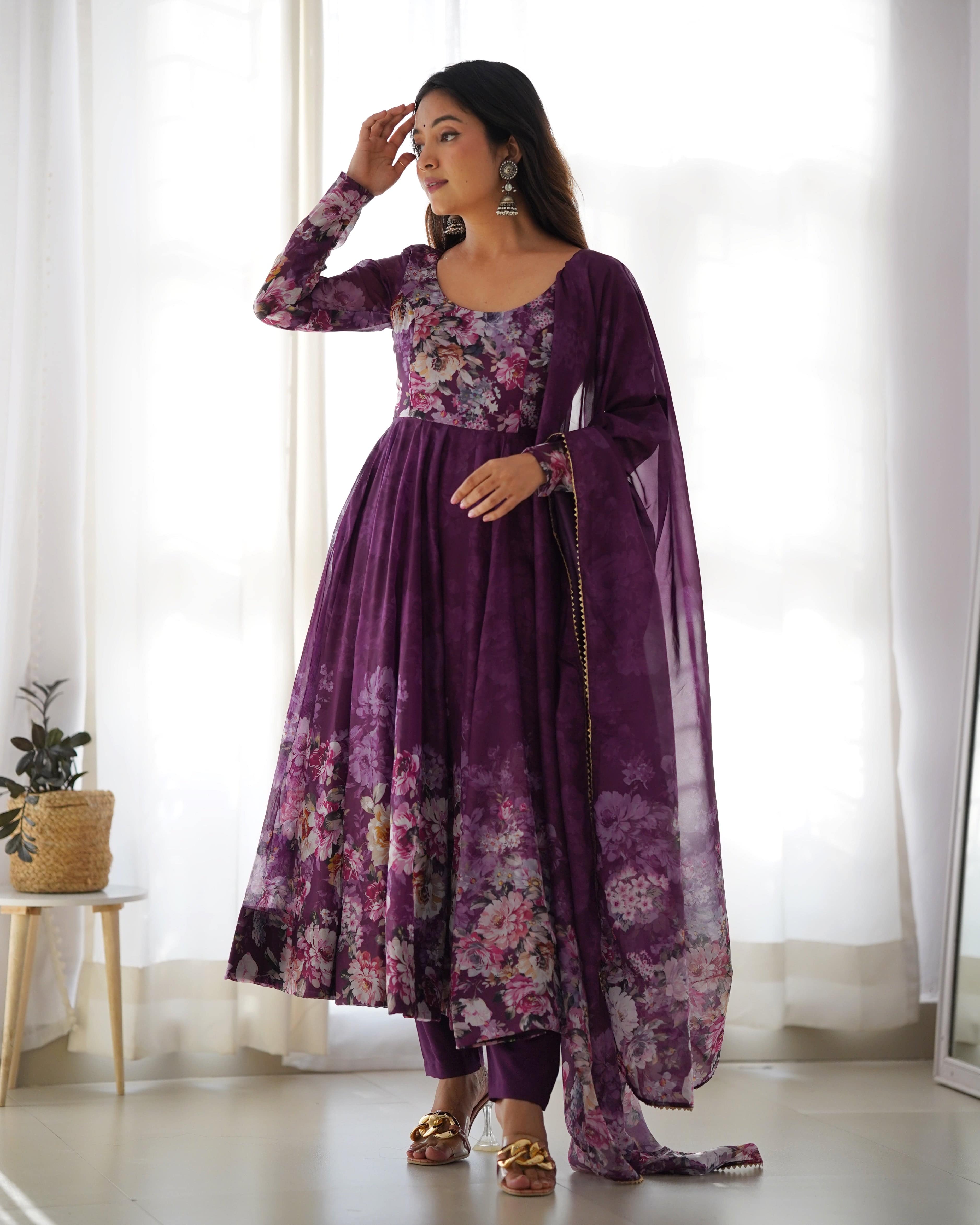 Lovely Organza Silk Floral Digital Printed Anarkali Pant Suit - Ethnicwish