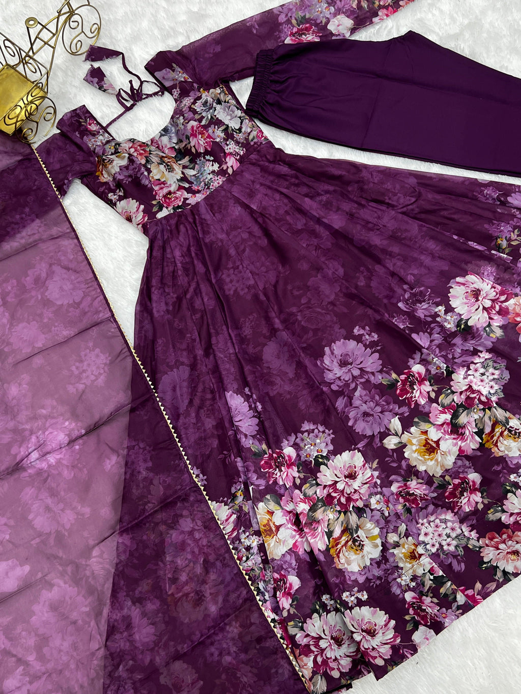 Lovely Organza Silk Floral Digital Printed Anarkali Pant Suit - Ethnicwish