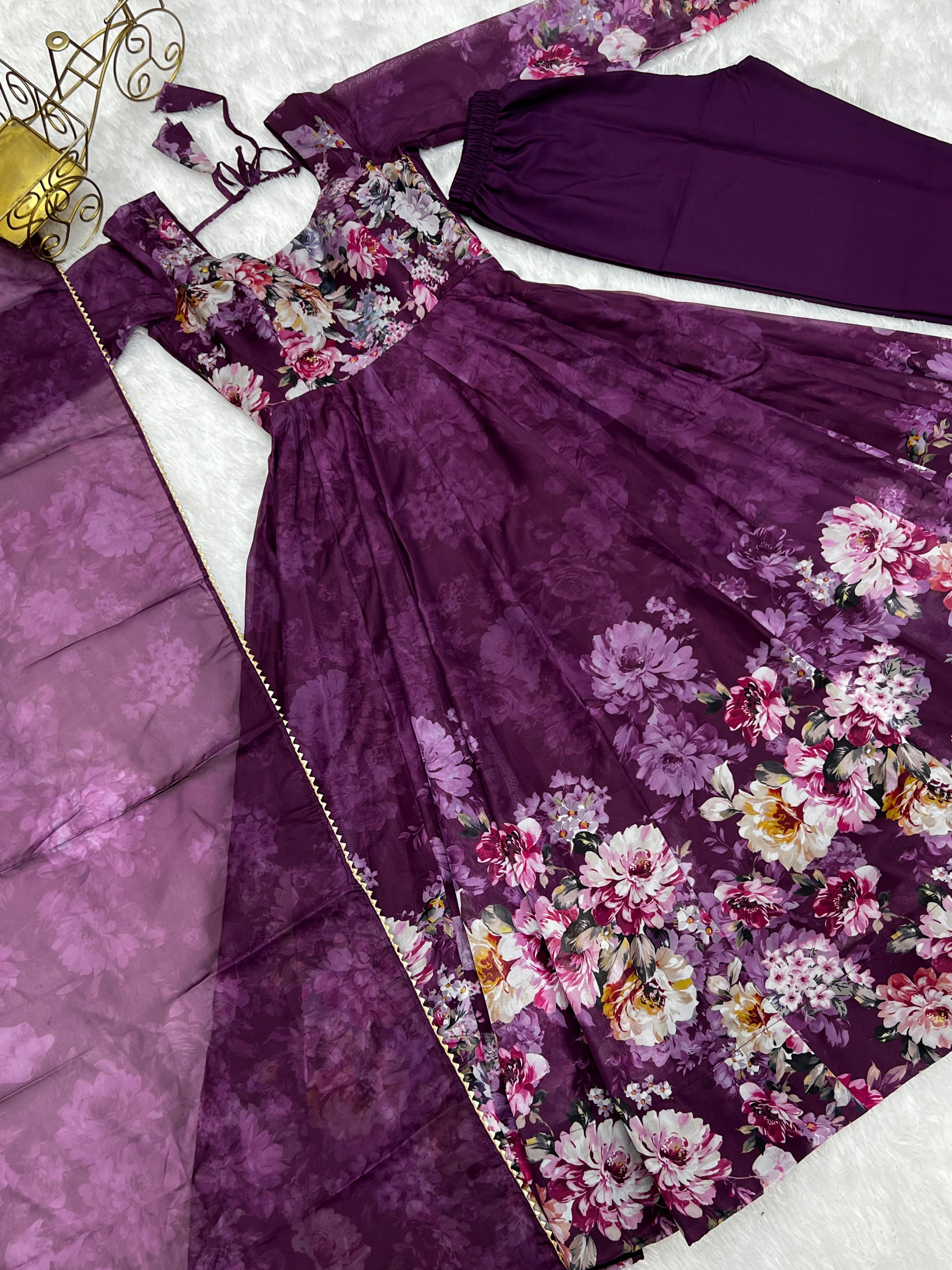 Lovely Organza Silk Floral Digital Printed Anarkali Pant Suit - Ethnicwish