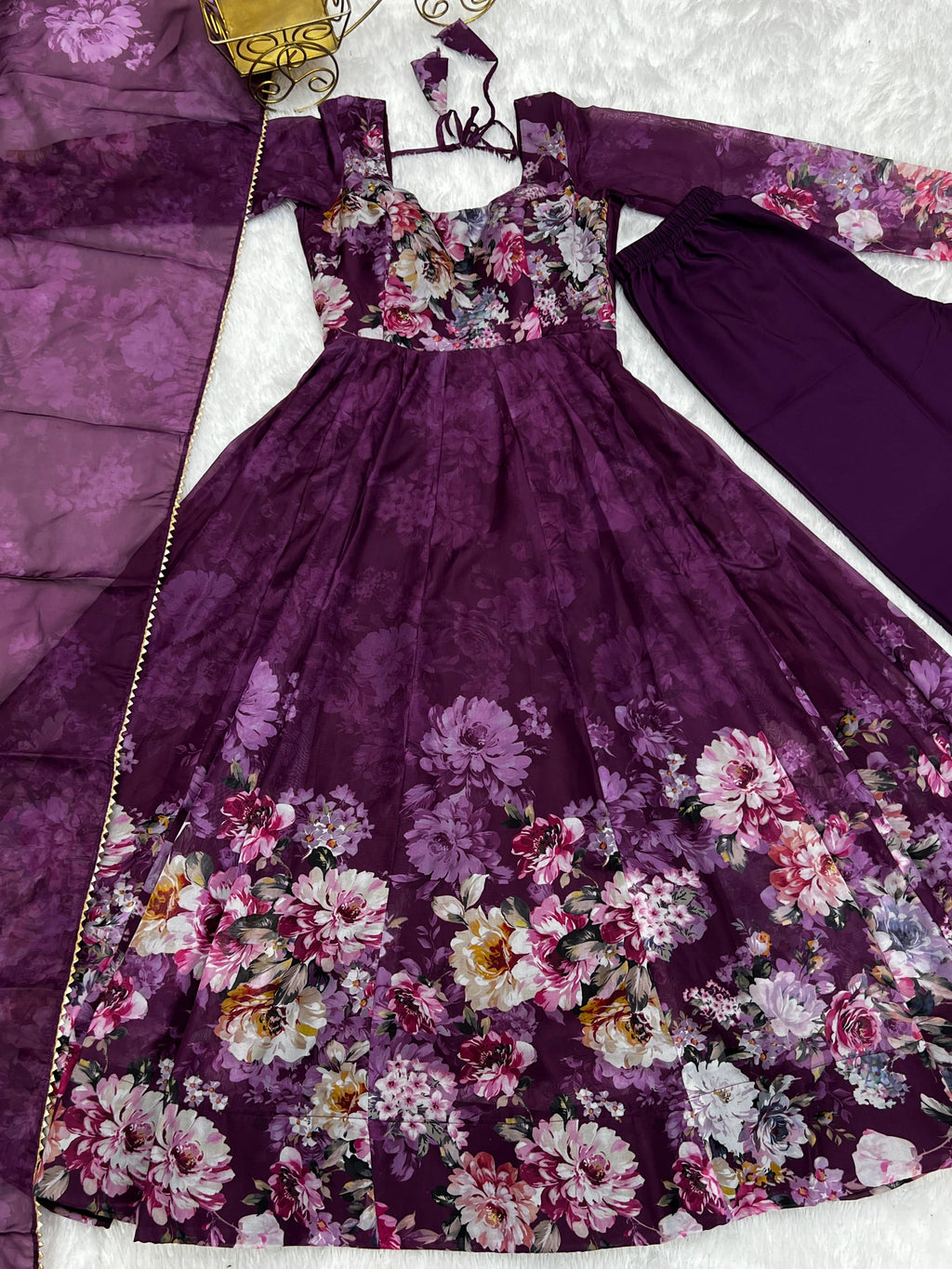 Lovely Organza Silk Floral Digital Printed Anarkali Pant Suit - Ethnicwish