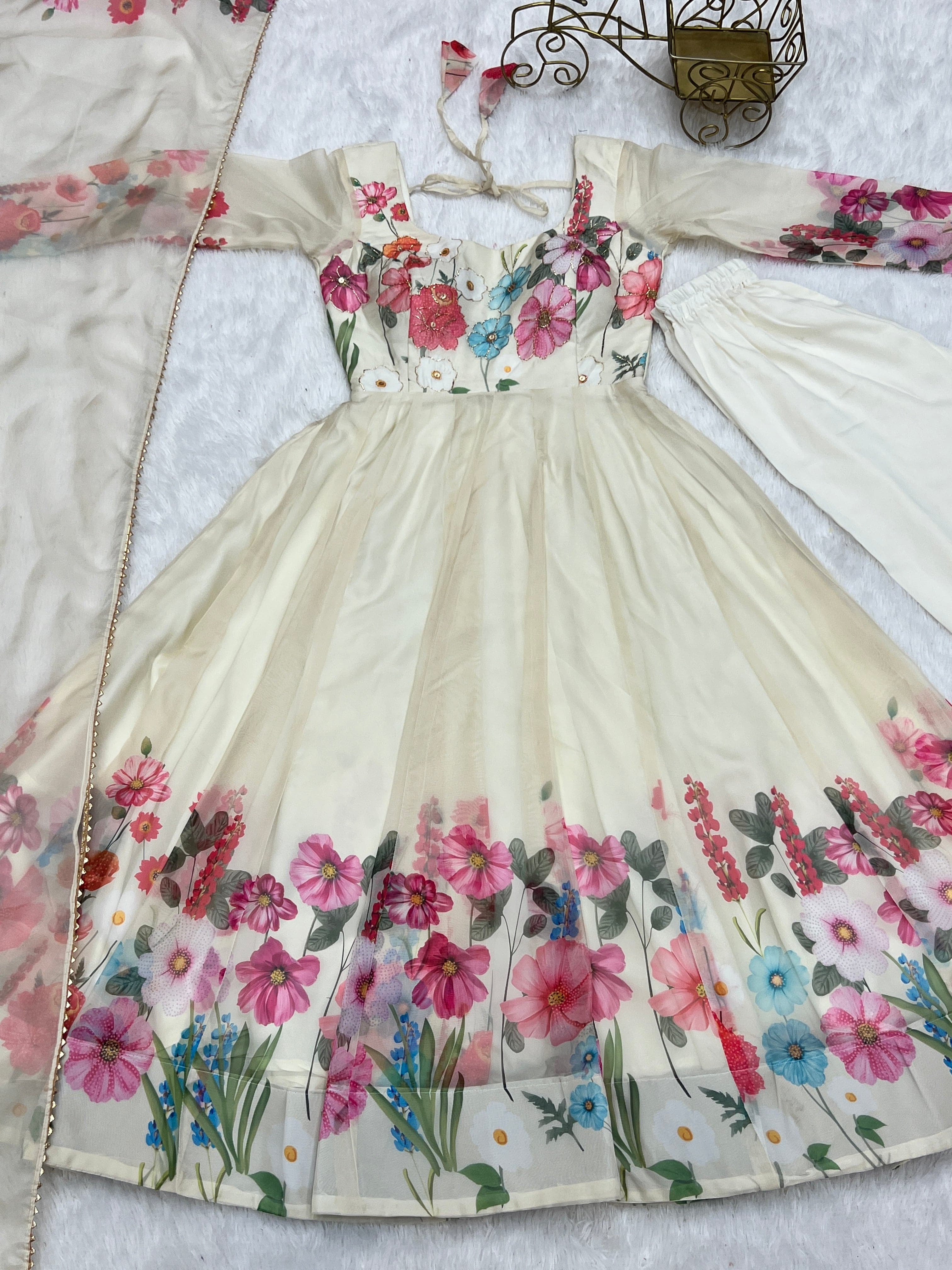 Breathtaking Organza Silk Floral Printed Designer Anarkali Pant Suit - Ethnicwish