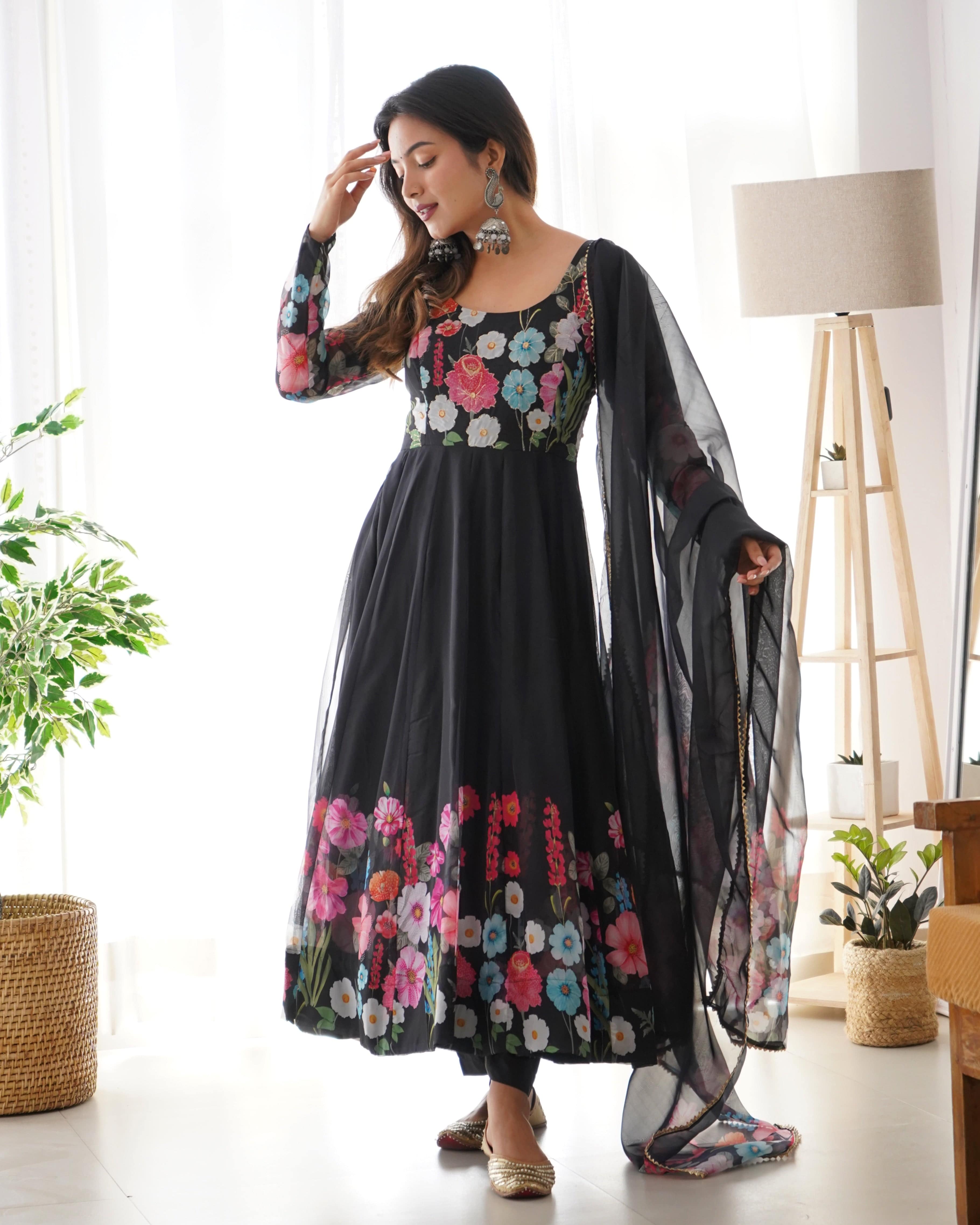 Breathtaking Organza Silk Floral Printed Designer Anarkali Pant Suit - Ethnicwish