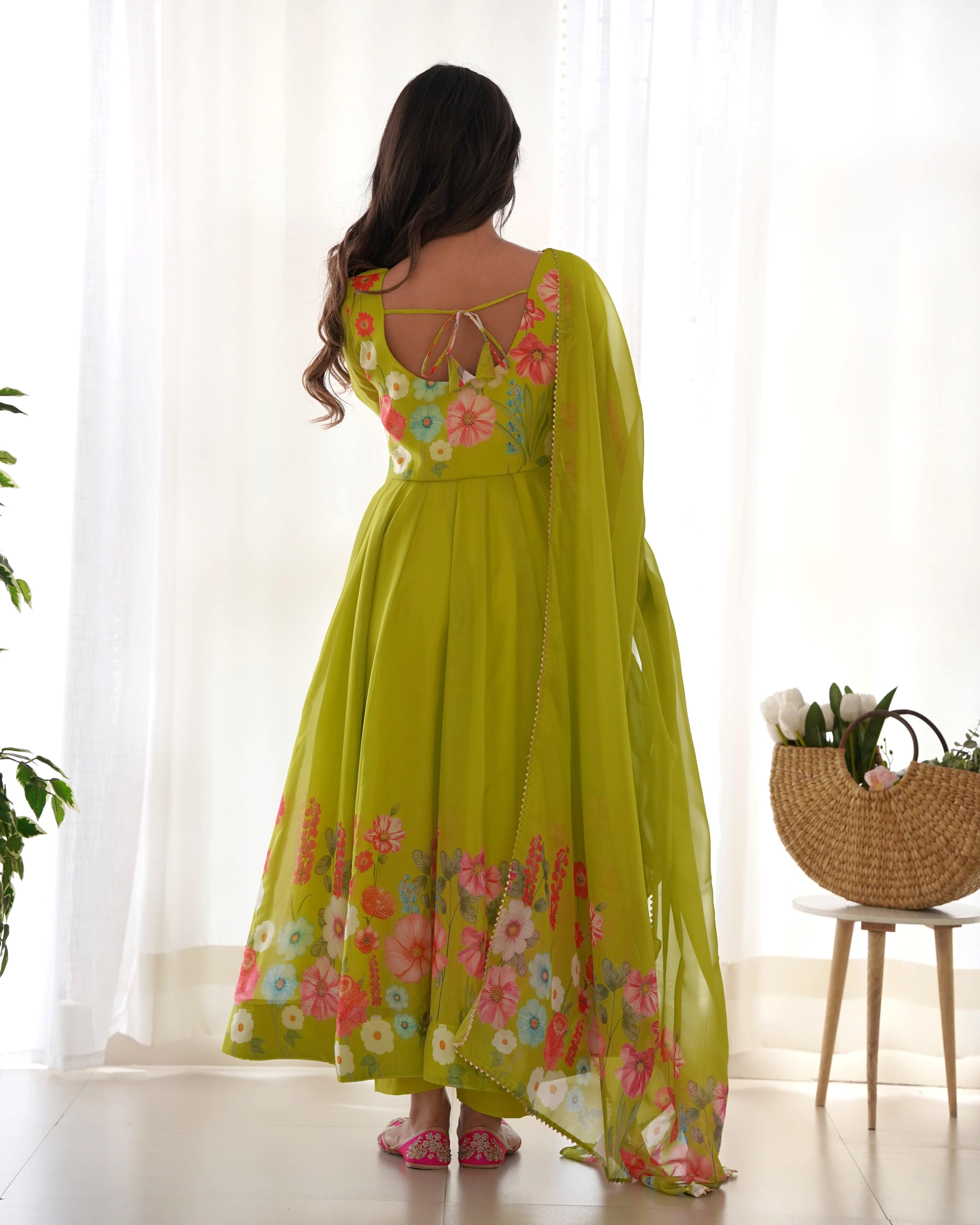Breathtaking Organza Silk Floral Printed Designer Anarkali Pant Suit - Ethnicwish