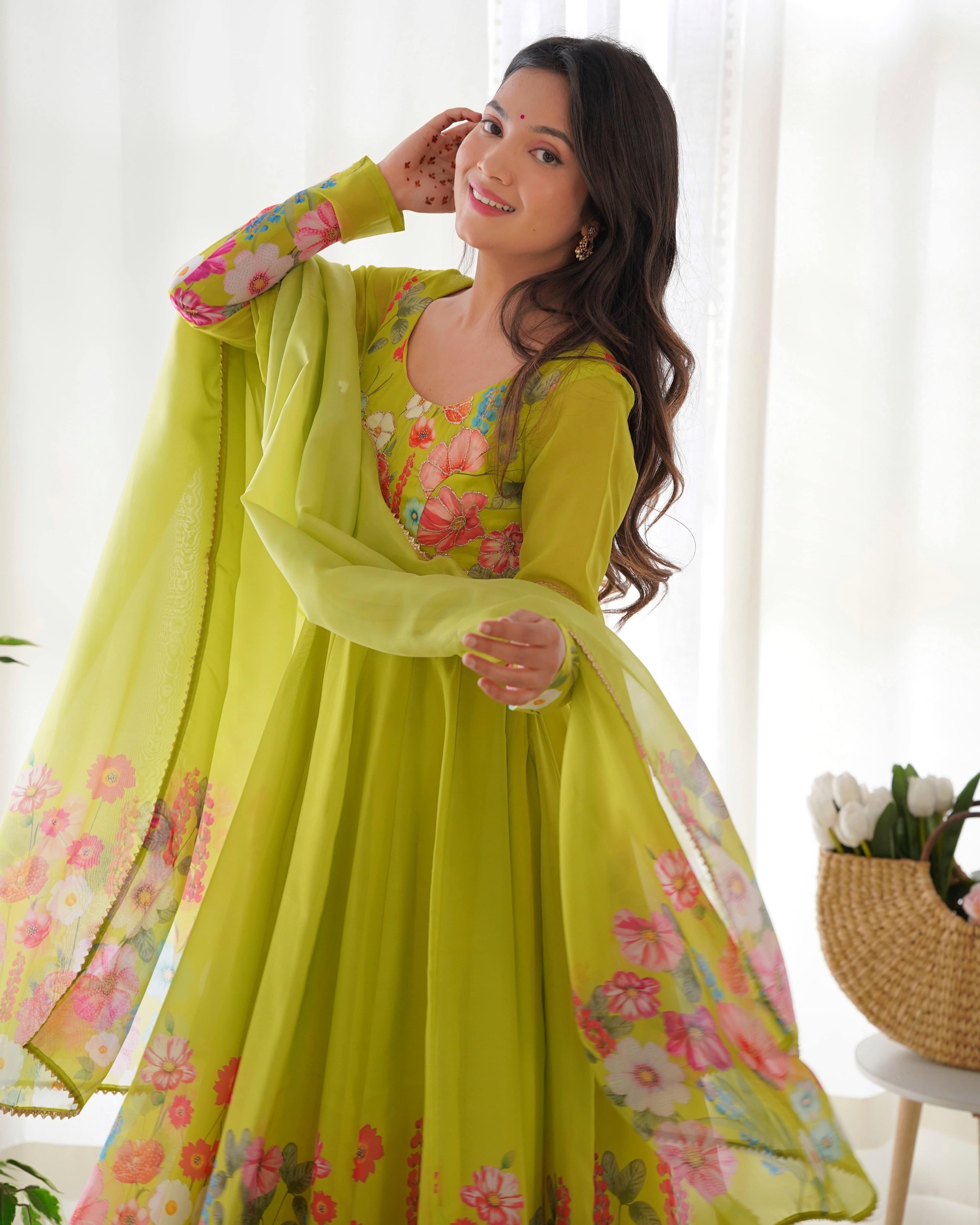 Breathtaking Organza Silk Floral Printed Designer Anarkali Pant Suit - Ethnicwish