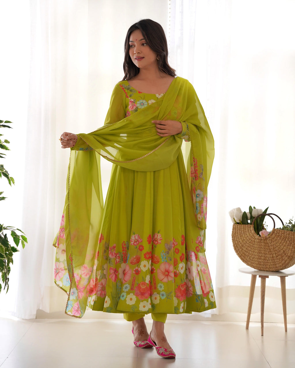 Breathtaking Organza Silk Floral Printed Designer Anarkali Pant Suit - Ethnicwish