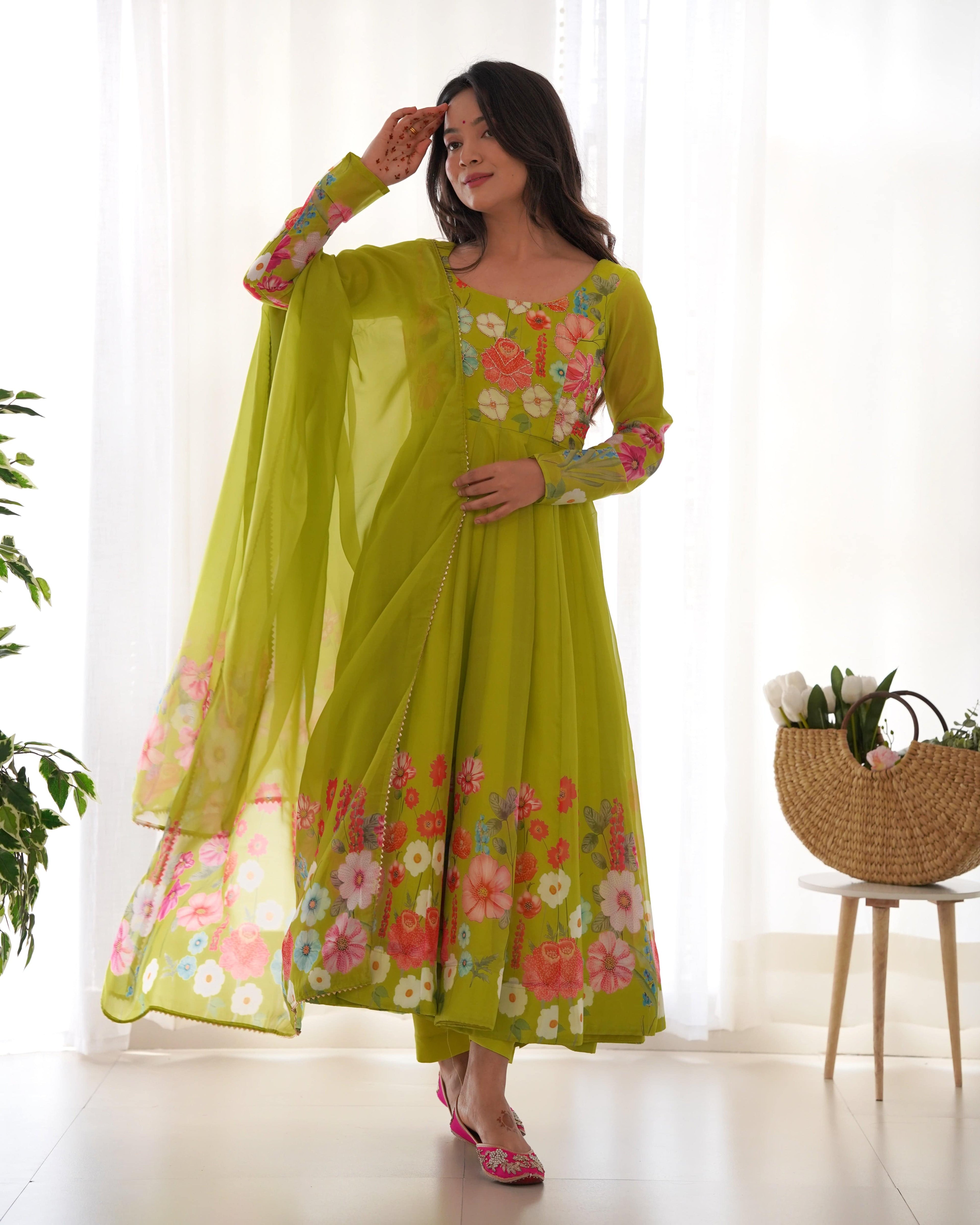 Breathtaking Organza Silk Floral Printed Designer Anarkali Pant Suit - Ethnicwish