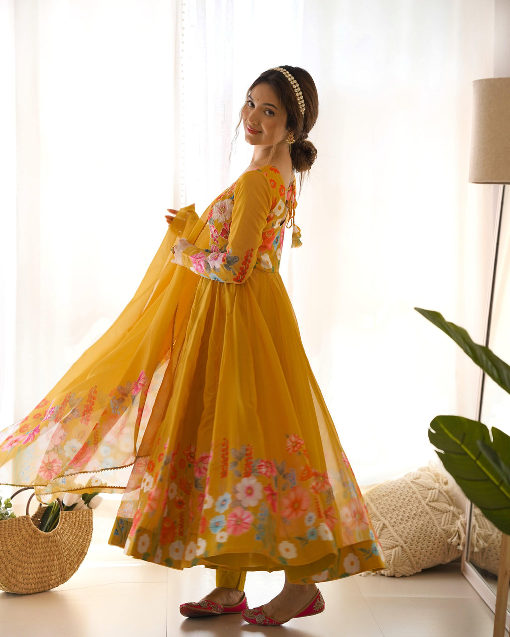 Breathtaking Organza Silk Floral Printed Designer Anarkali Pant Suit - Ethnicwish