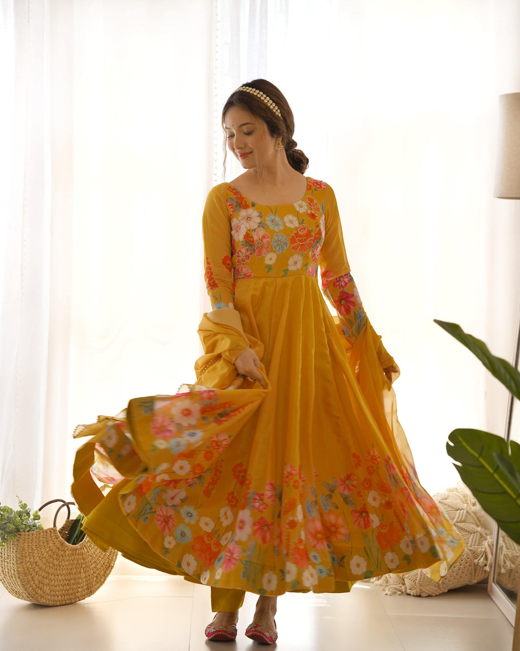 Breathtaking Organza Silk Floral Printed Designer Anarkali Pant Suit - Ethnicwish
