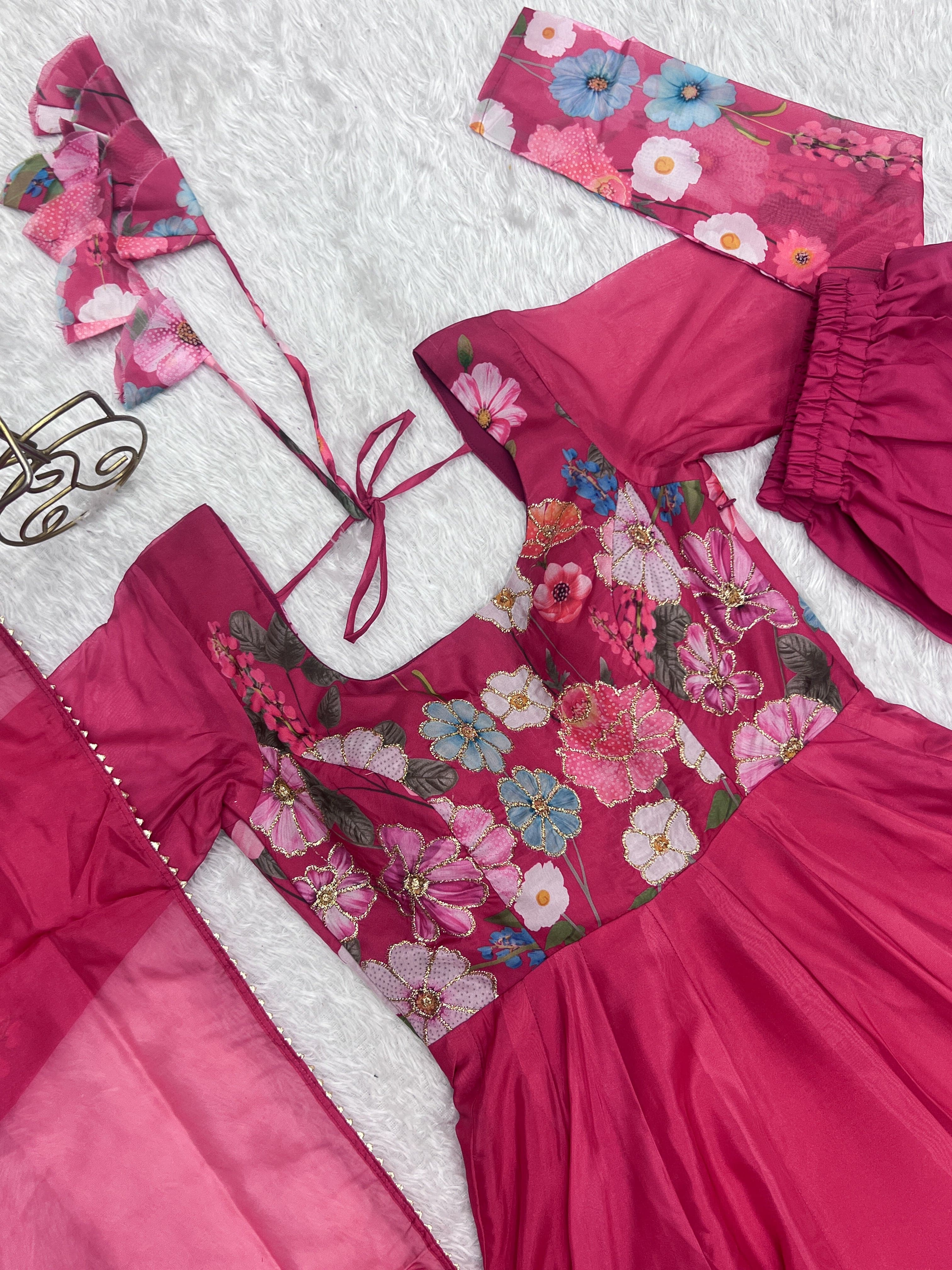 Breathtaking Organza Silk Floral Printed Designer Anarkali Pant Suit - Ethnicwish