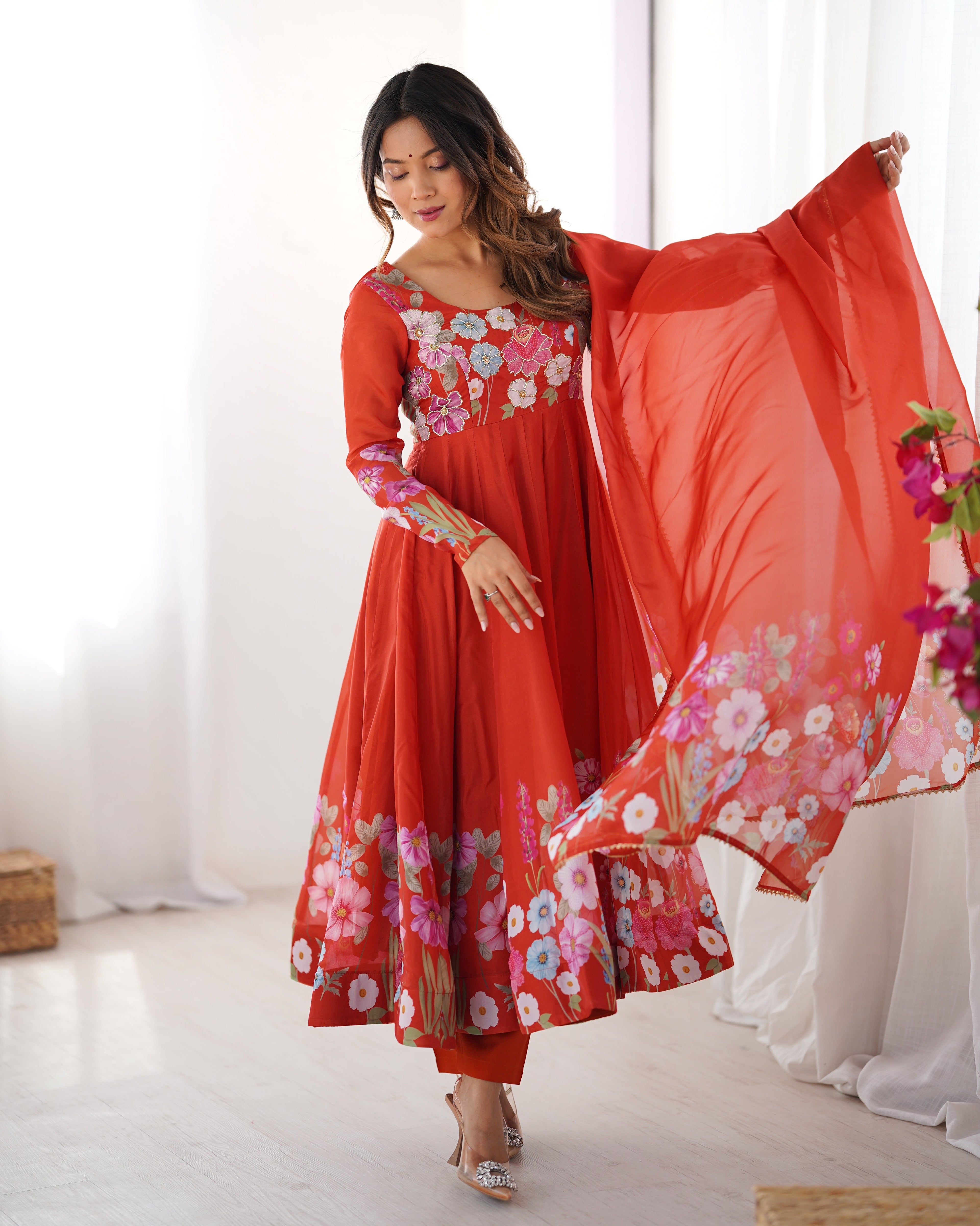 Breathtaking Organza Silk Floral Printed Designer Anarkali Pant Suit - ETHNICDEAL