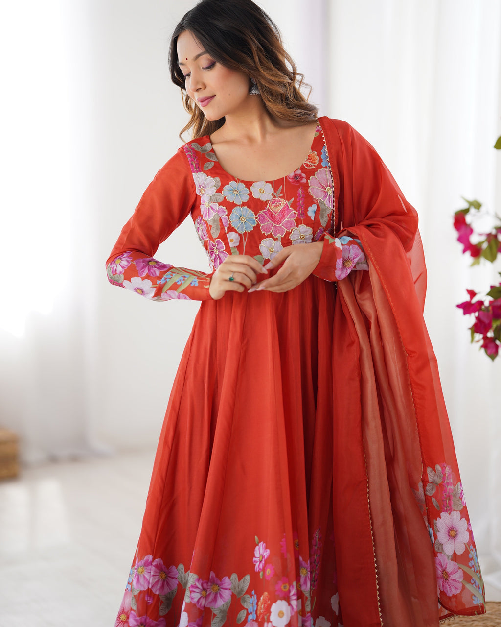 Breathtaking Organza Silk Floral Printed Designer Anarkali Pant Suit - ETHNICDEAL