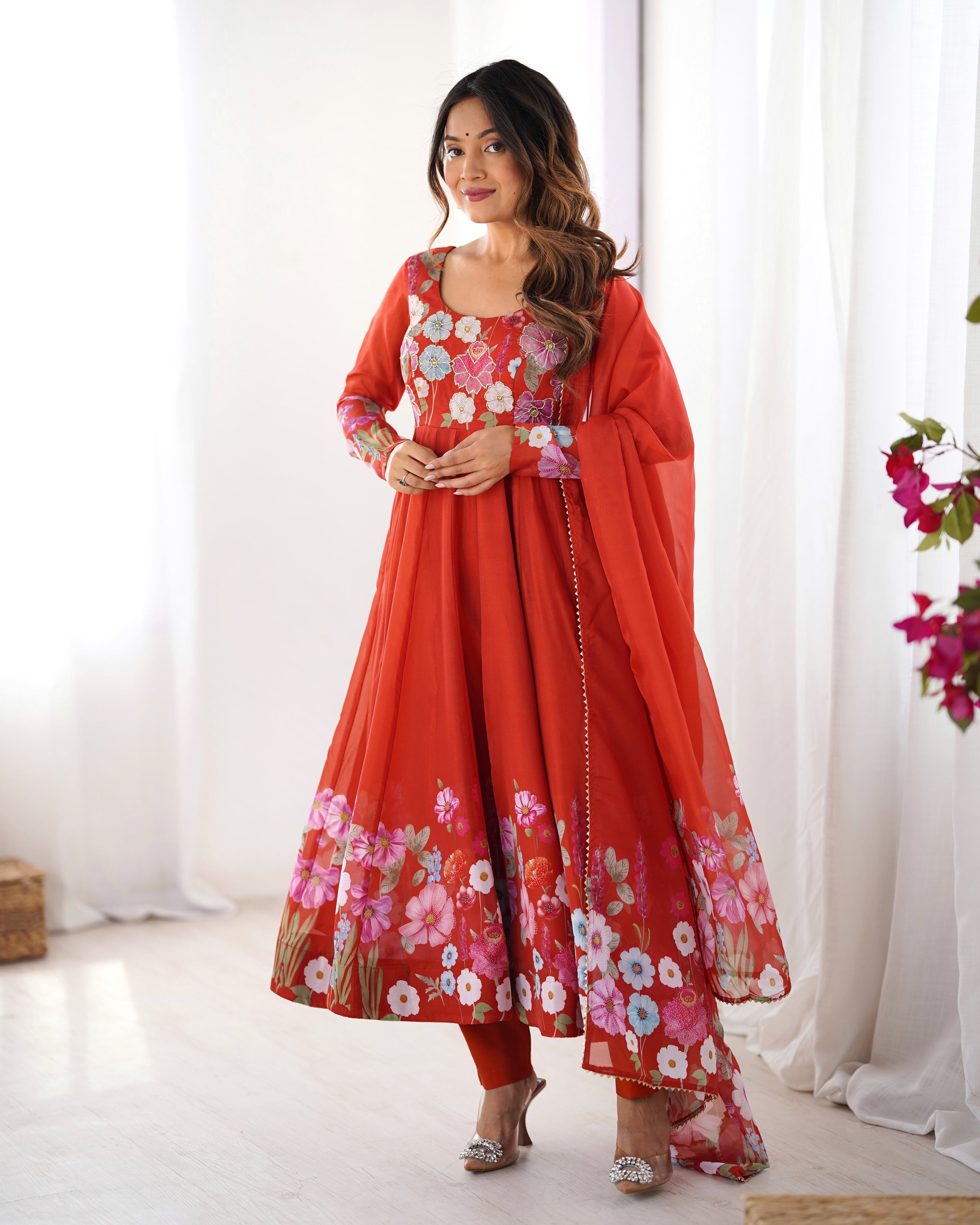 Breathtaking Organza Silk Floral Printed Designer Anarkali Pant Suit - ETHNICDEAL
