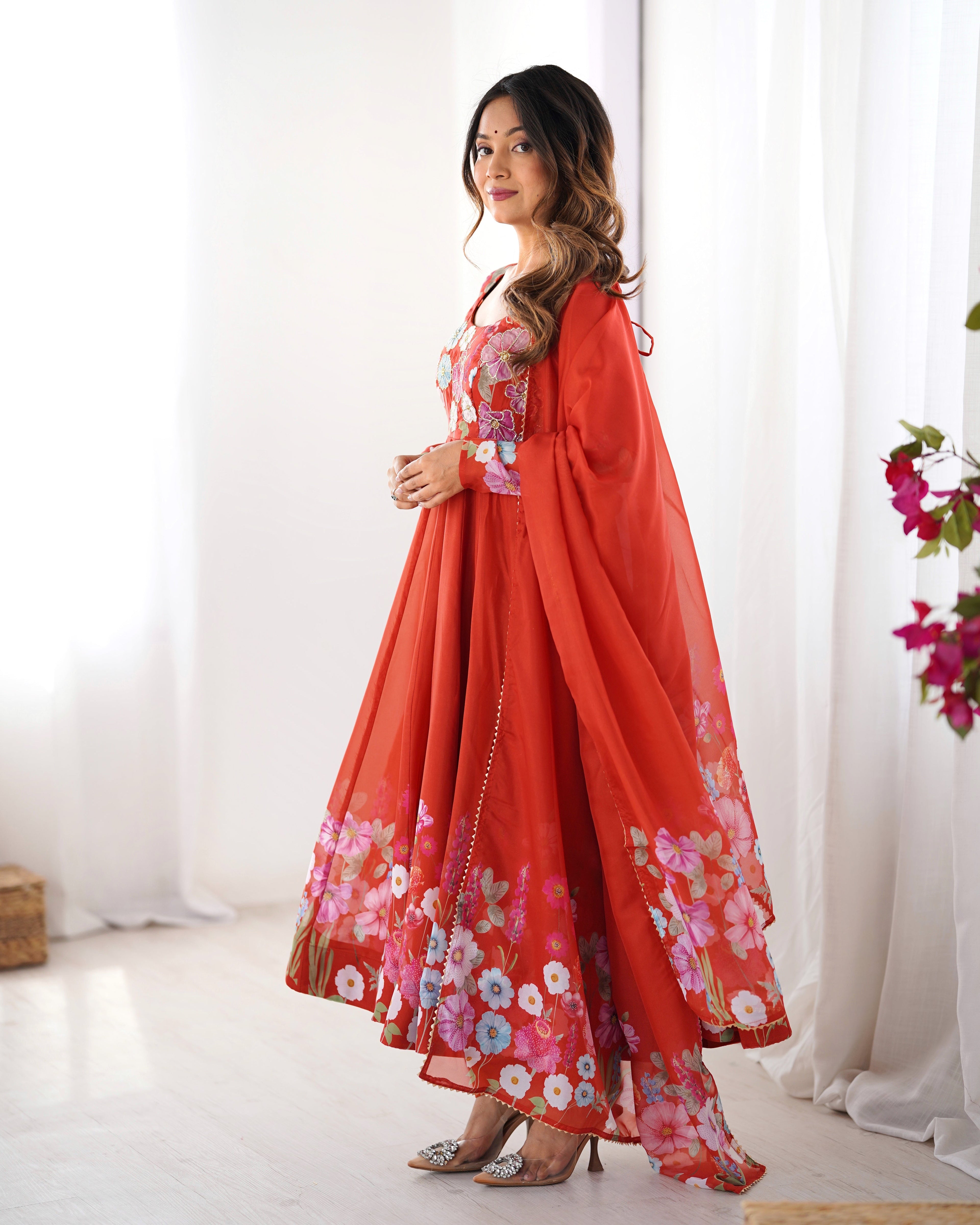 Breathtaking Organza Silk Floral Printed Designer Anarkali Pant Suit - ETHNICDEAL