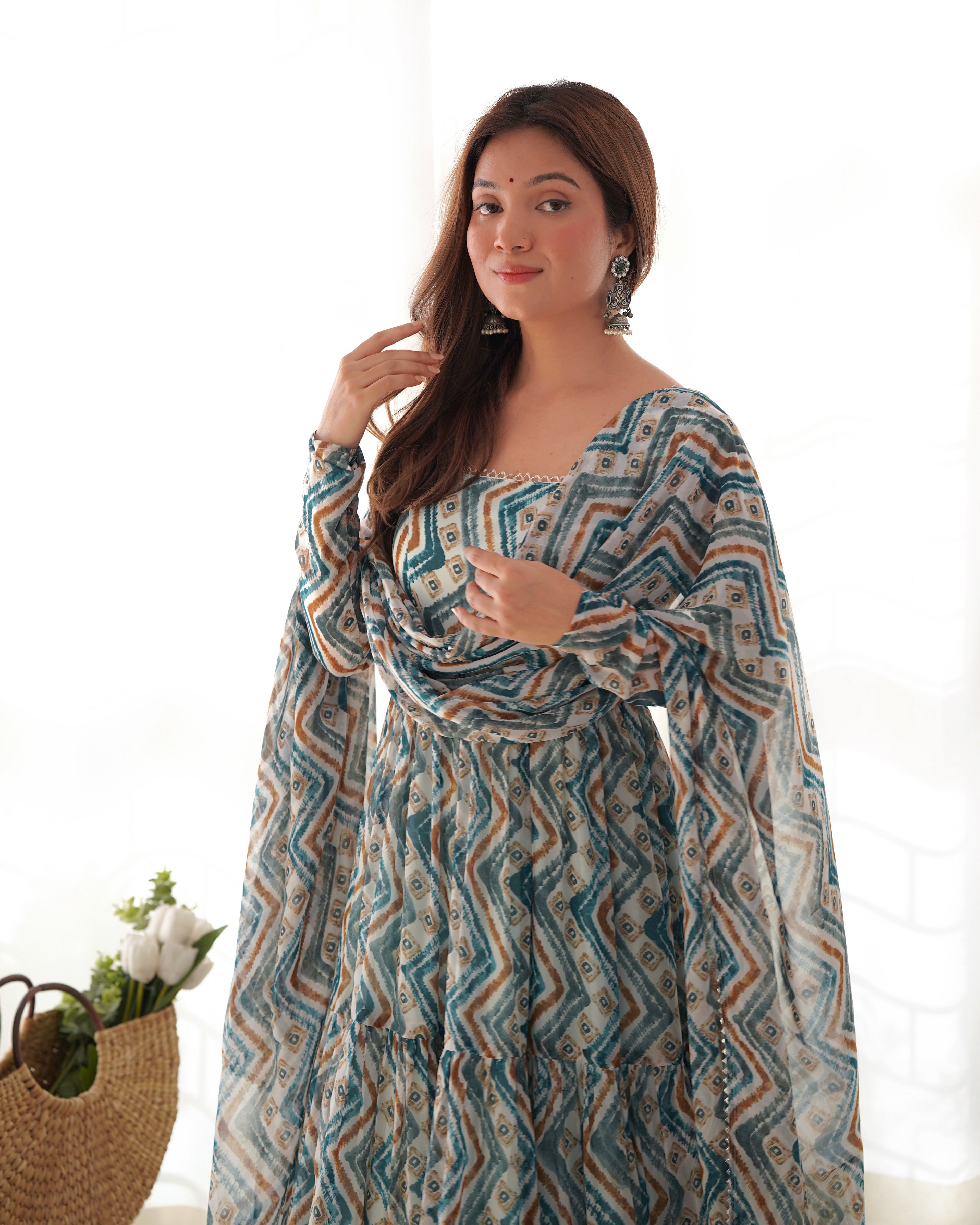 Resplendent Faux Georgette Zigzag Printed Anarkali Pant Suit - Ethnicwish