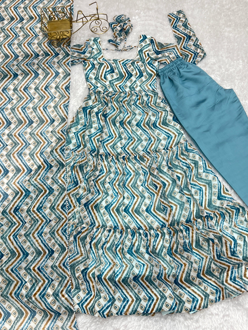 Resplendent Faux Georgette Zigzag Printed Anarkali Pant Suit - Ethnicwish